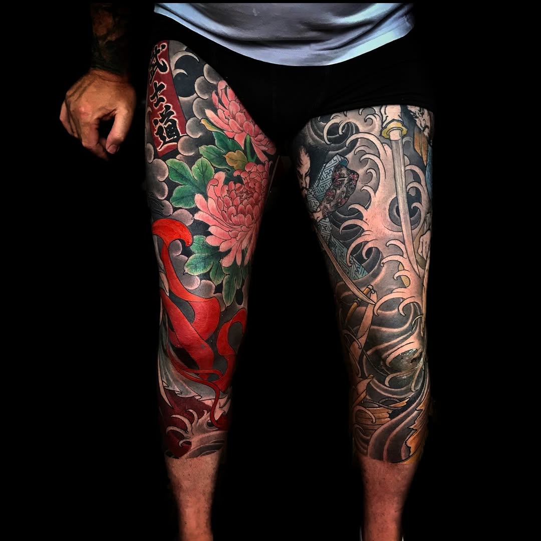 Chrysanthemum, koi, sword, waves Japanese tattoo on the leg by 𝕽𝖊𝖉 𝕬𝖗𝖗𝖔𝖜 𝕿𝖆𝖙𝖙𝖔𝖔 𝕮𝖔𝖑𝖑𝖊𝖈𝖙𝖎𝖛𝖊, Troy, Michigan