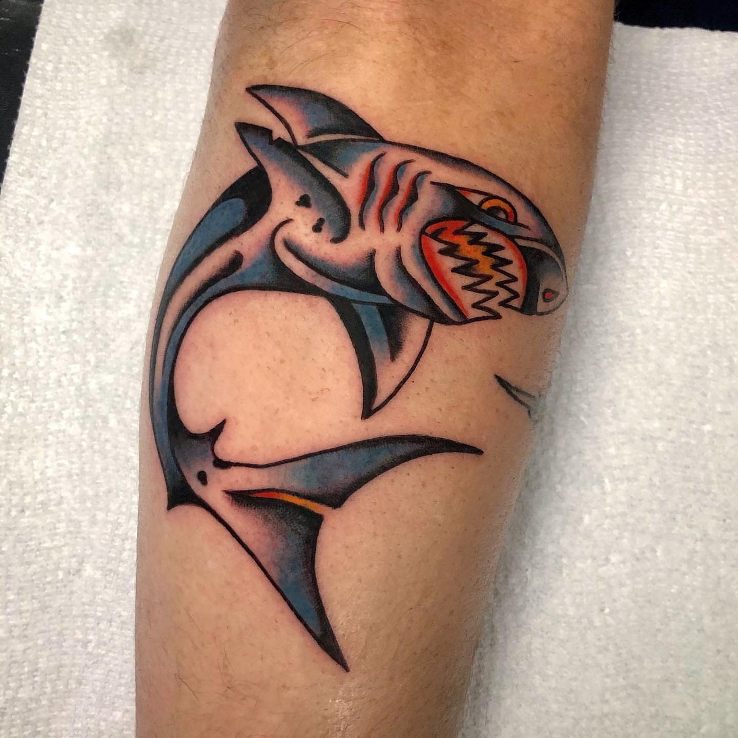 Shark American traditional tattoo on the forearm by brenden