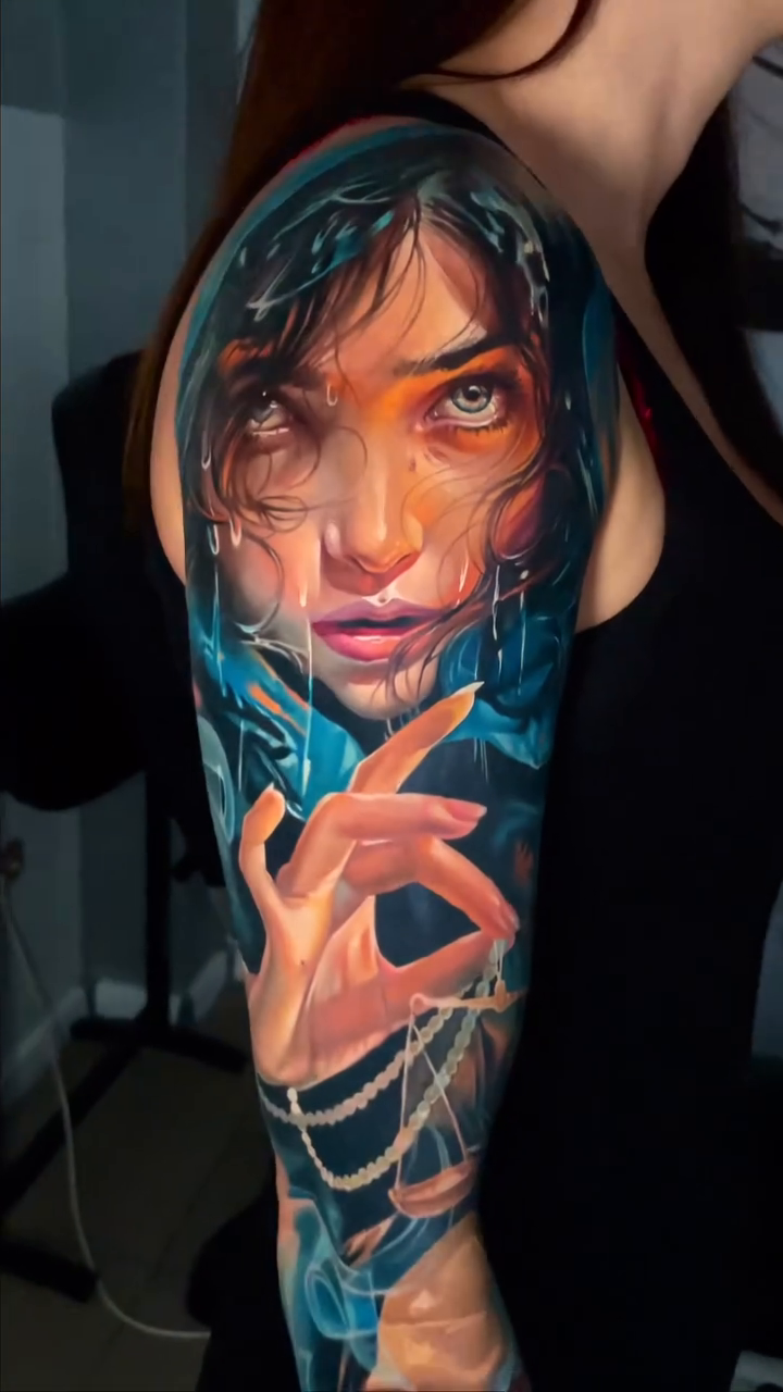 Woman and skull realism tattoo by Dmitriy Paramonov πΊπ¦