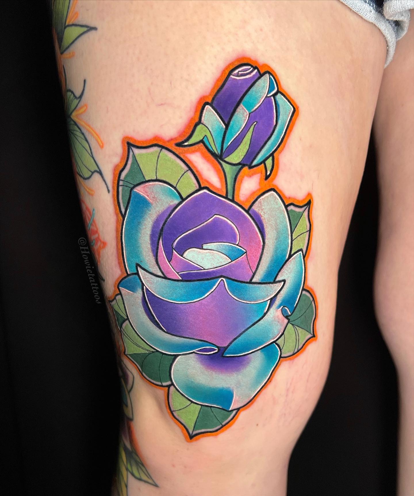 Blue rose American traditional tattoo on the thigh by Brian Horowitz