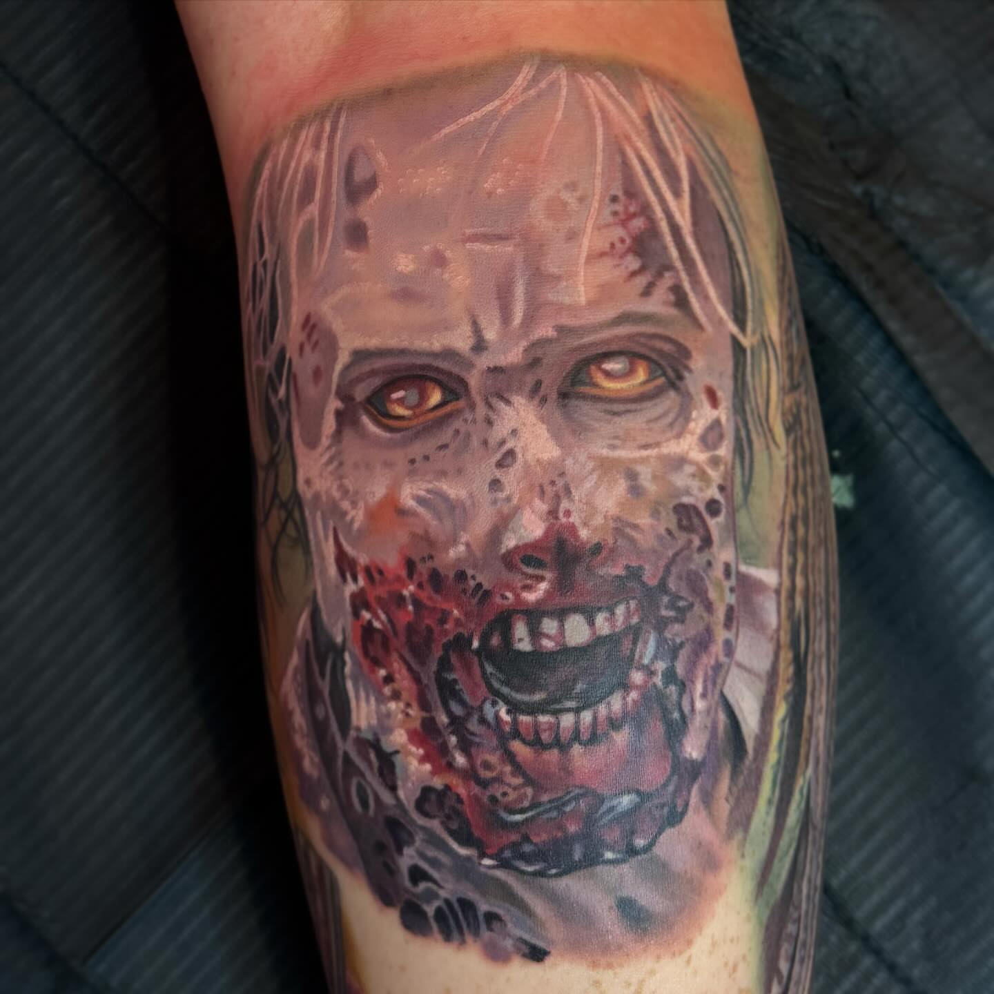 Zombie realism tattoo on the forearm by Kyle hodge