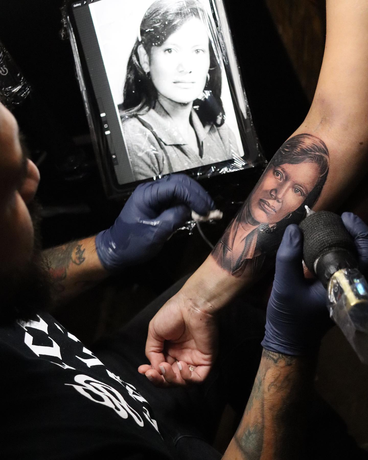 Portrait realism tattoo on the forearm by Christian Medina, Sacramento, California