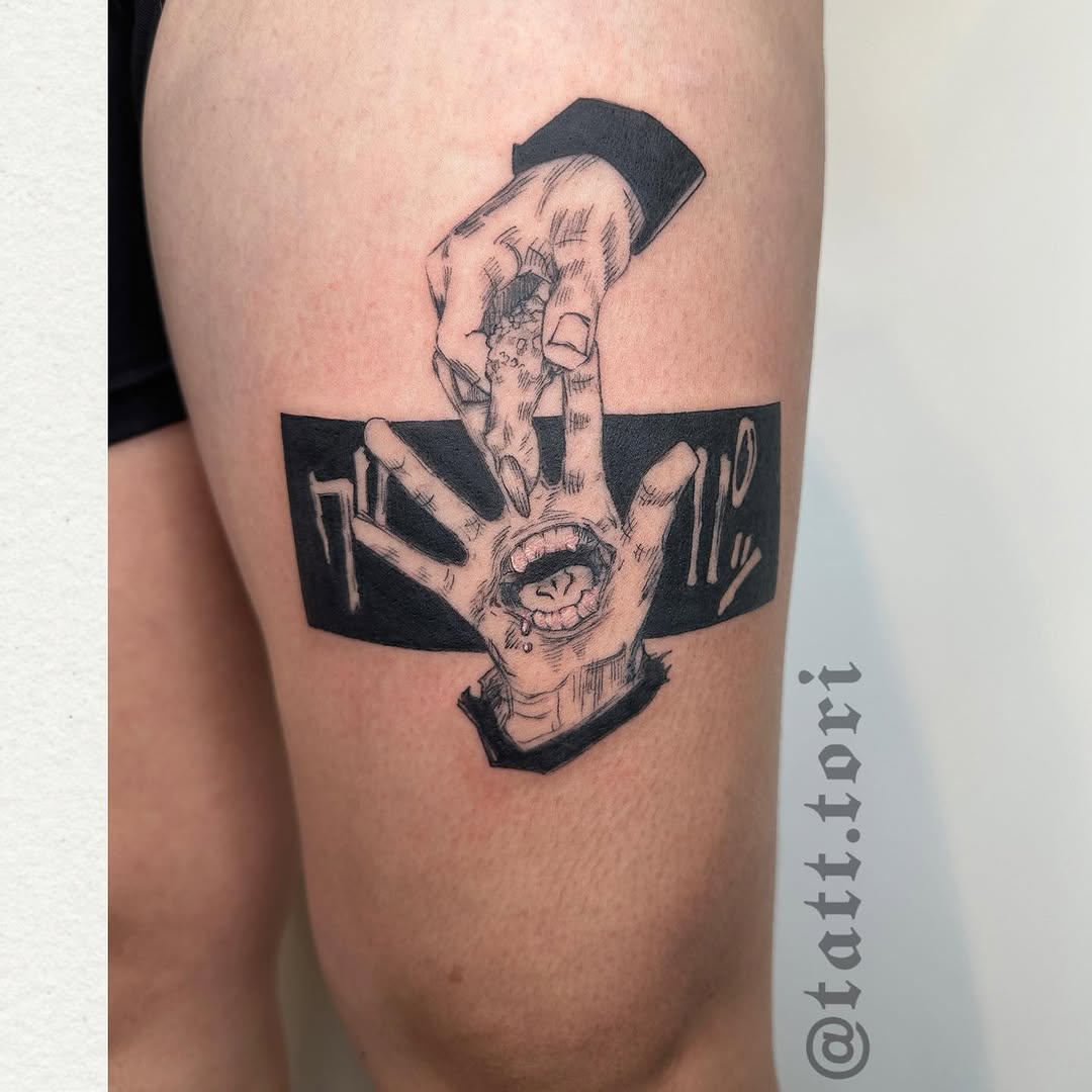 Hands with mouth and eye anime tattoo on the thigh by 𝔱𝔬𝔯𝔦