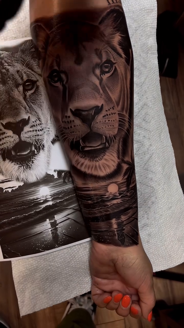 Lioness and landscape realism tattoo by ⚠️new Account⚠️