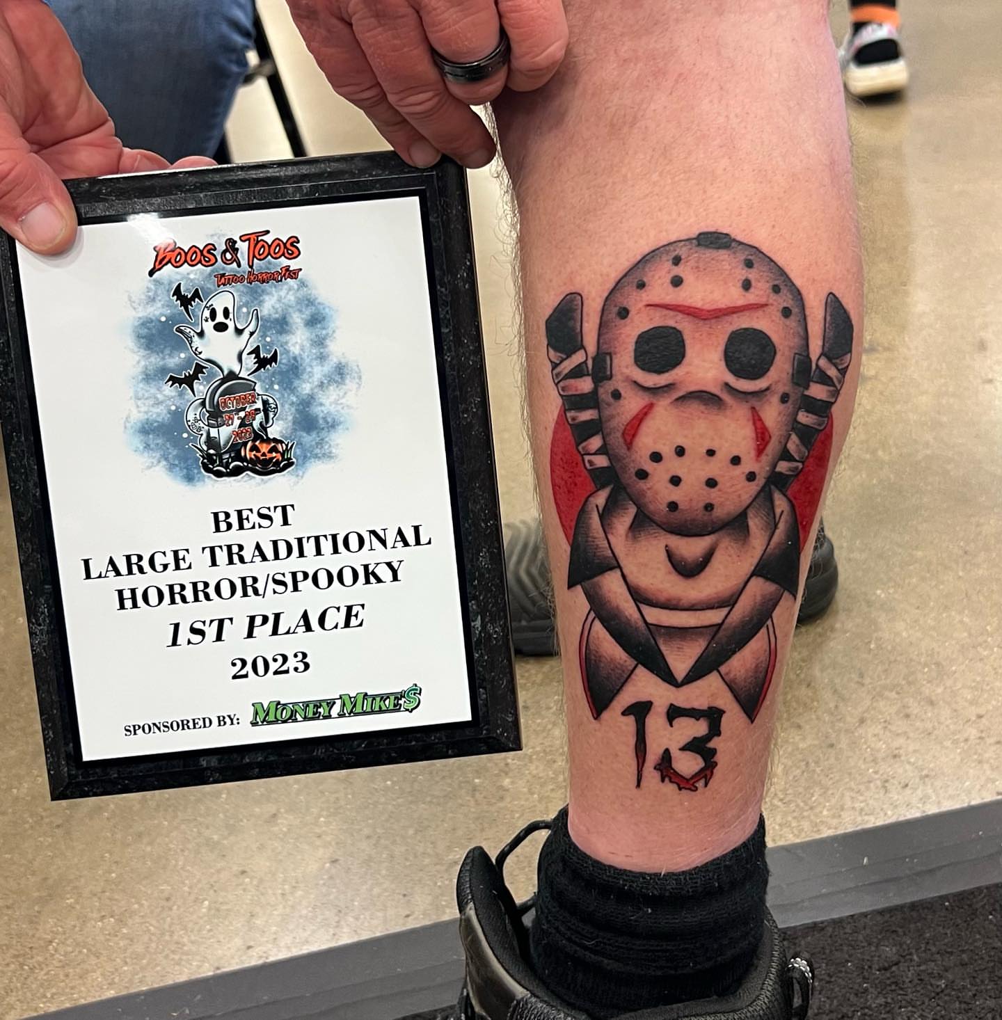 Jason voorhees American traditional tattoo on the thigh by Seth Scott