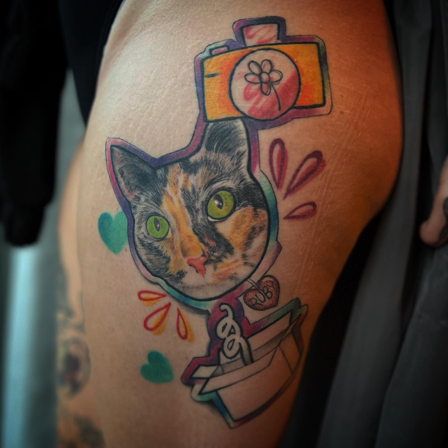 Cat with camera new school tattoo on the thigh by Amber