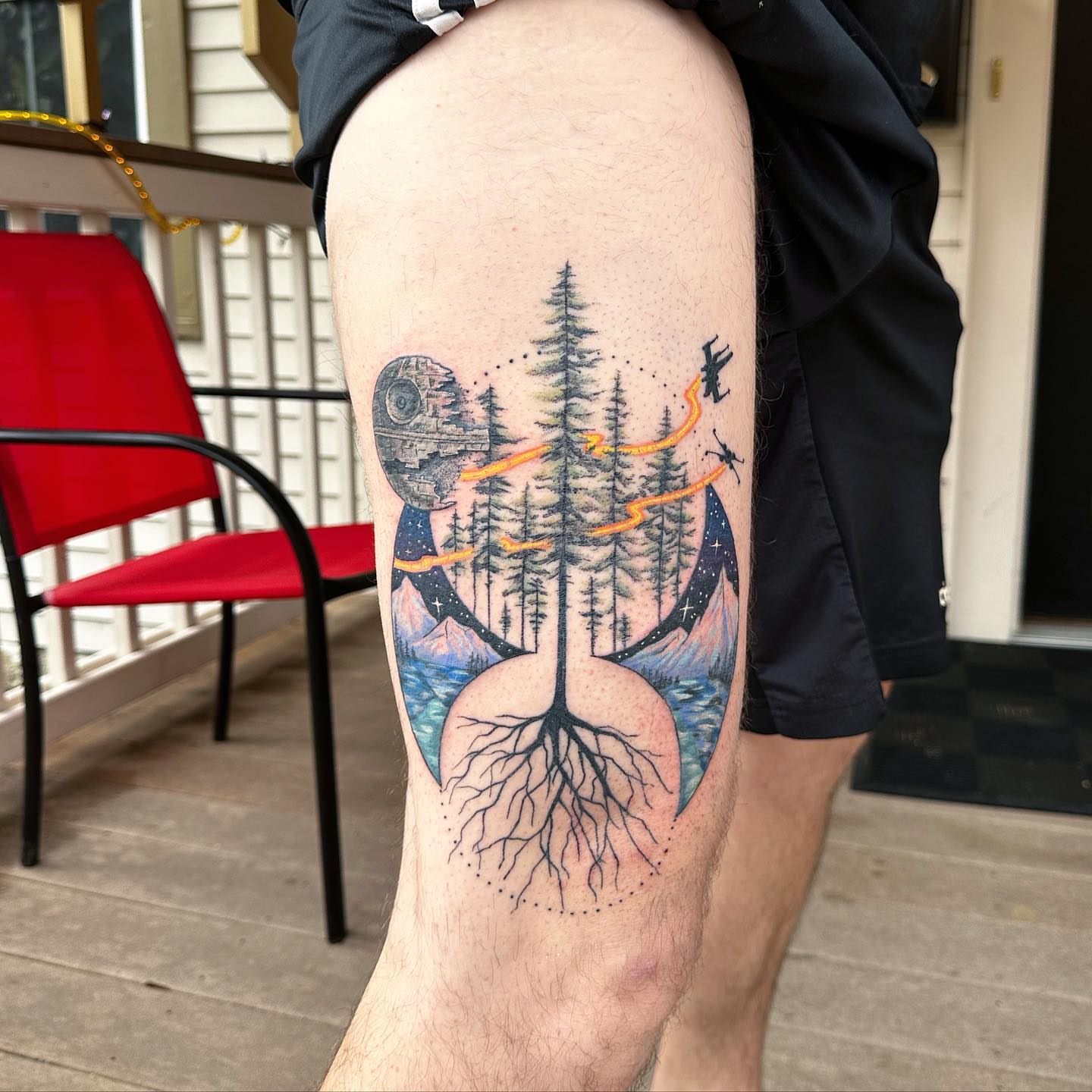 Forest and spaceship dotwork tattoo on the thigh by manda, Lebanon, Ohio
