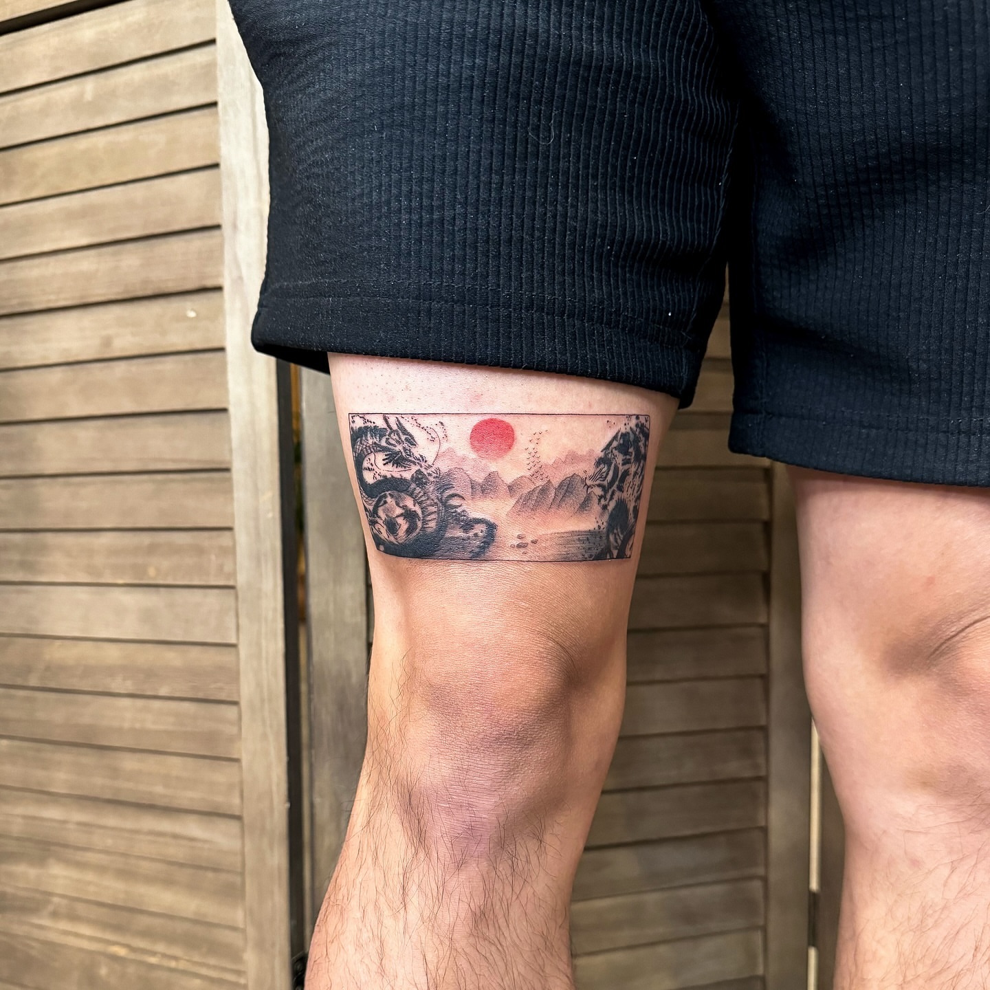 Mountain landscape japanese irezumi tattoo on the thigh by INK by CEE