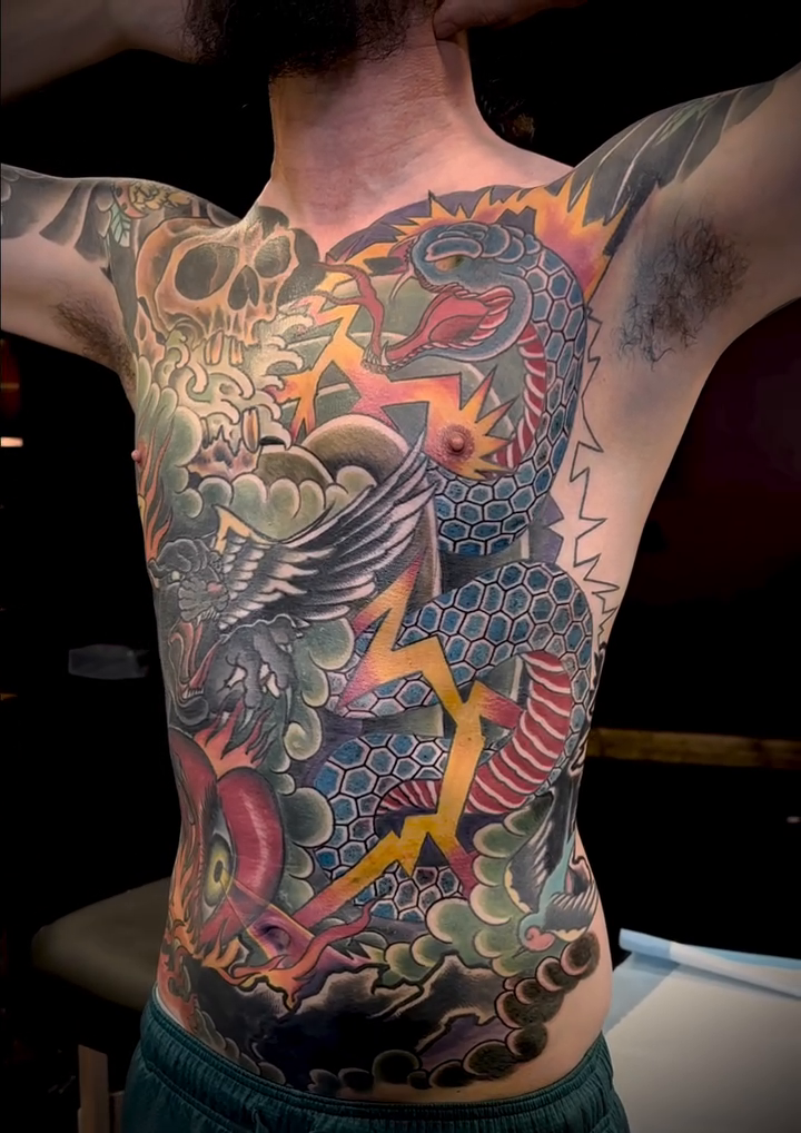 Dragon and phoenix japanese irezumi tattoo by Marcos Rivera, Laredo, Texas