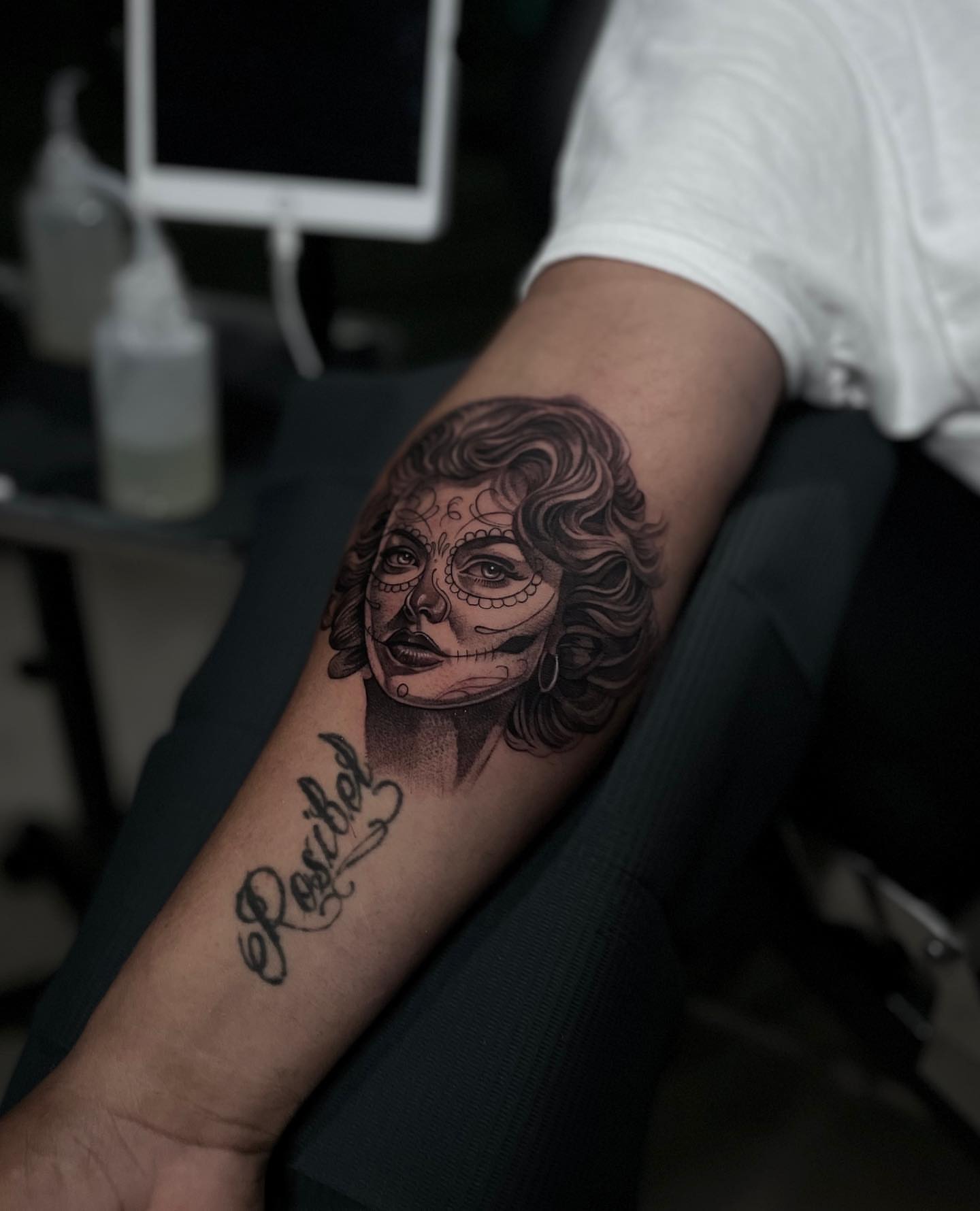 Portrait black and grey tattoo on the forearm by Vanessa Valdivia