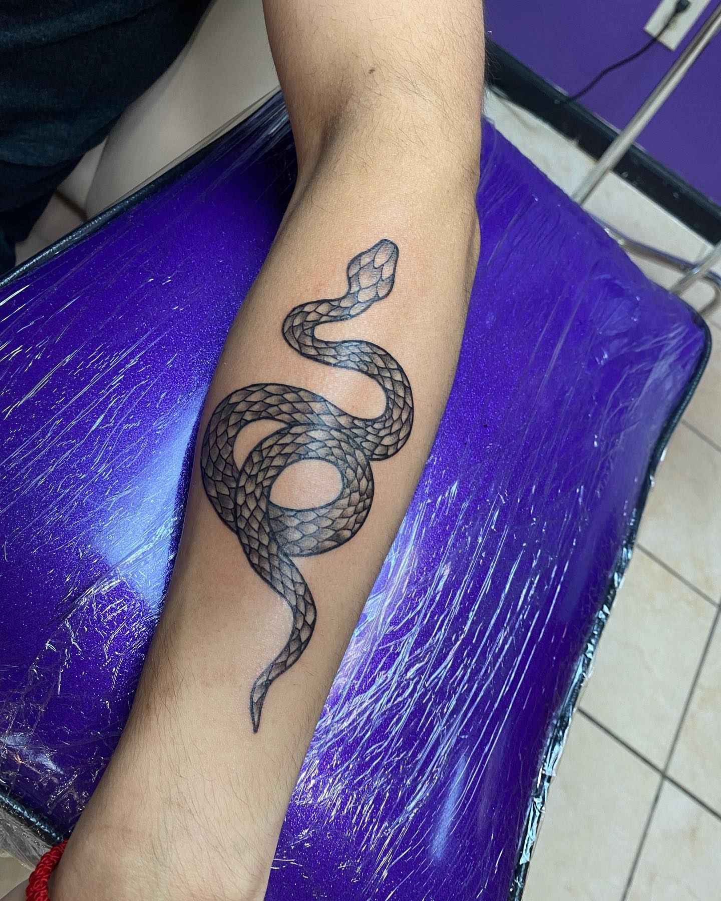 Snake black and grey tattoo on the forearm by Drew