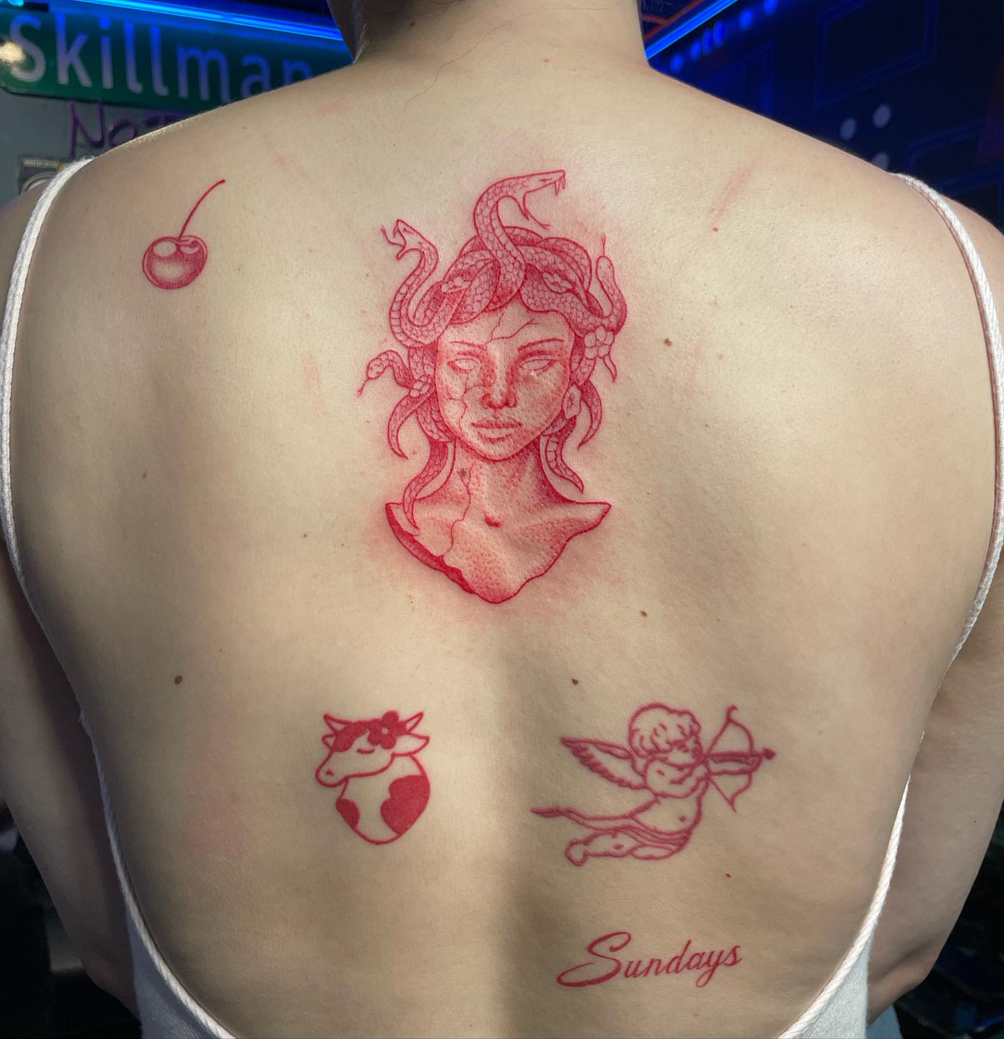 Medusa dotwork tattoo on the back by Abel Ponce