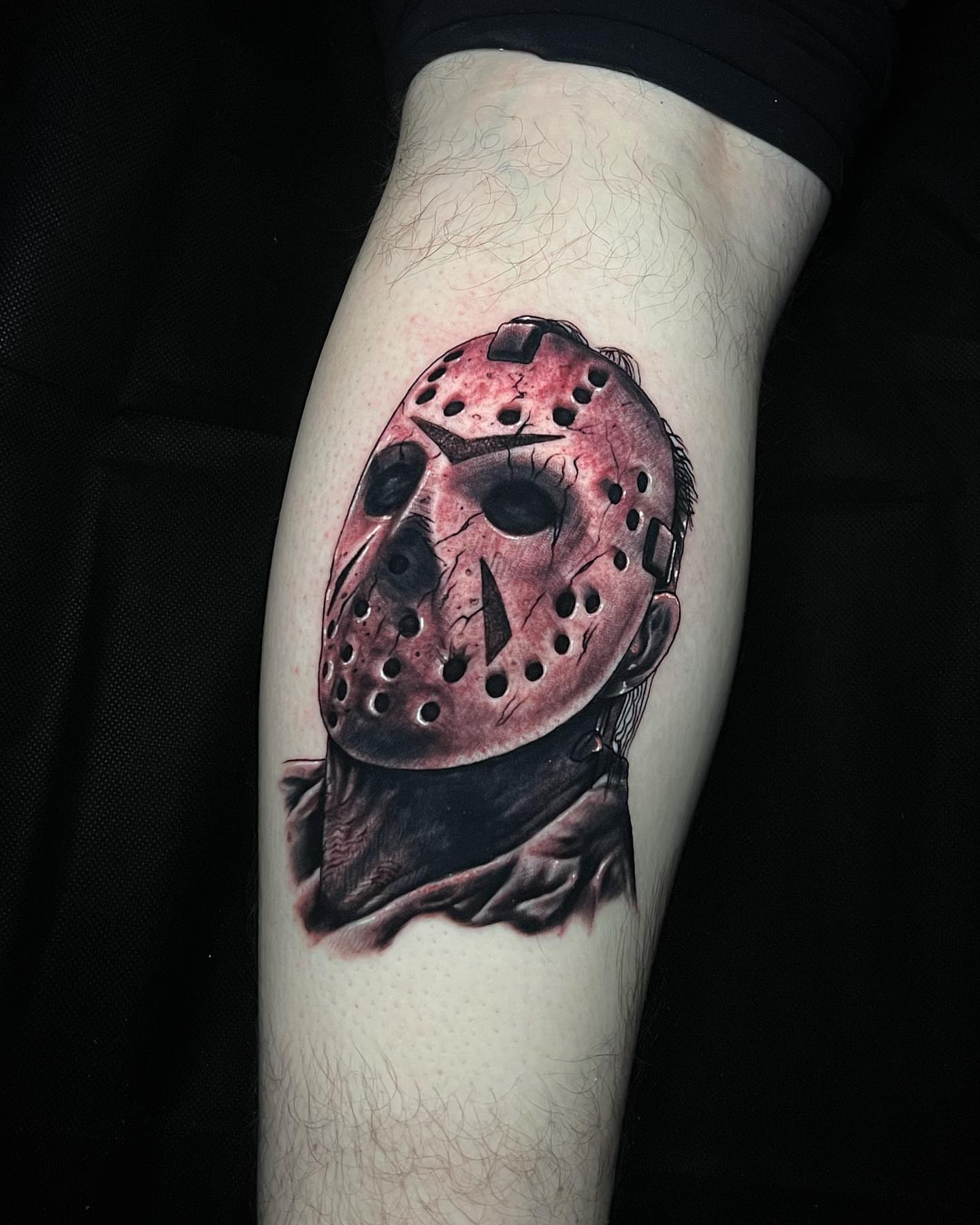 Jason voorhees mask realism tattoo on the forearm by Raul Ortiz
