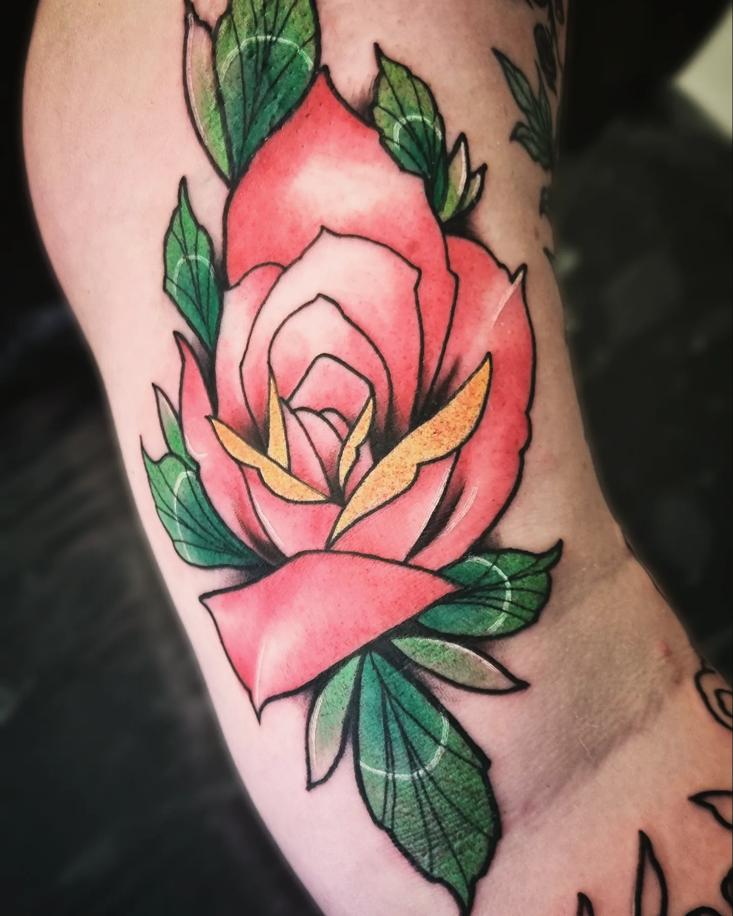 Rose American traditional tattoo on the forearm by AntiheroTattoo