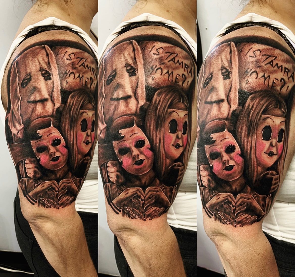 Portrait of Michael Myers and children realism tattoo on the forearm by Tattoosbybeanz