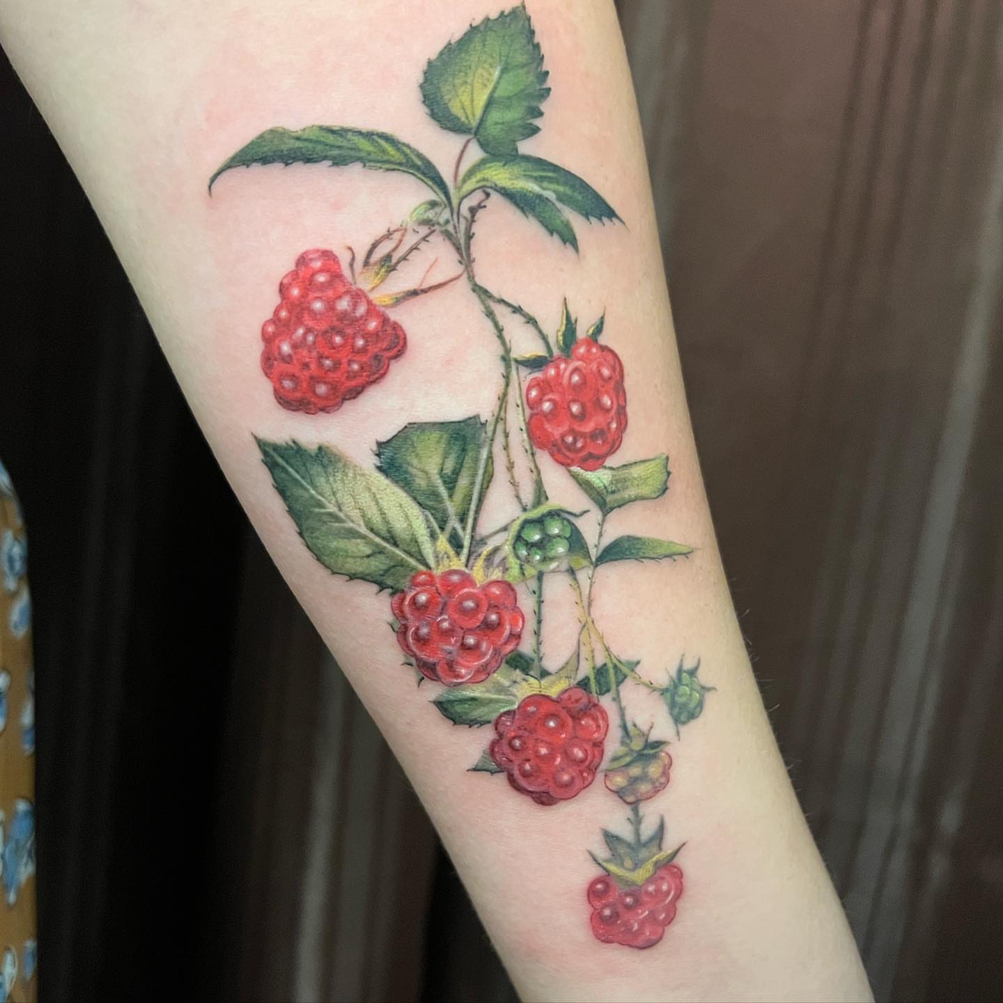 Raspberries realism tattoo on the forearm by Irina Shapiro, Somerville, Massachusetts