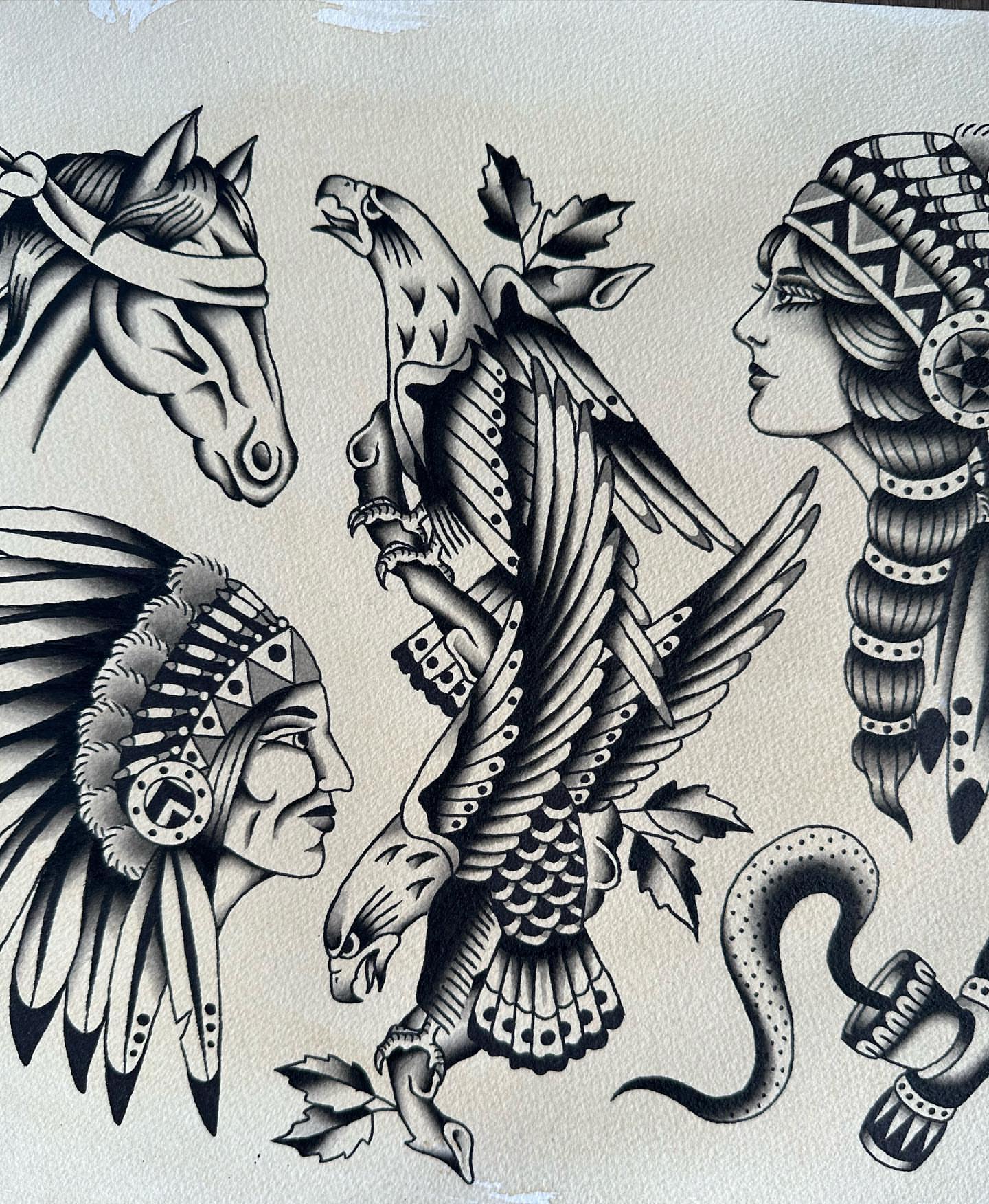 Eagle and native headdress American traditional tattoo by Jess Ritchie, Austin, Texas