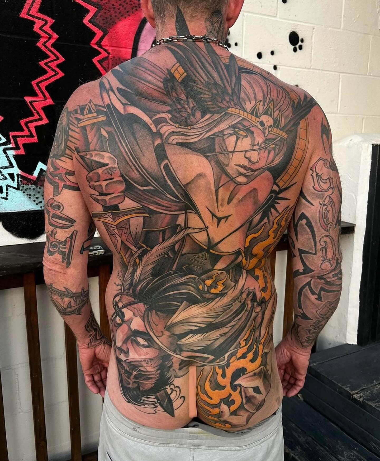 Anime warrior anime tattoo on the back by Neo-Traditional tattoos in Las Vegas