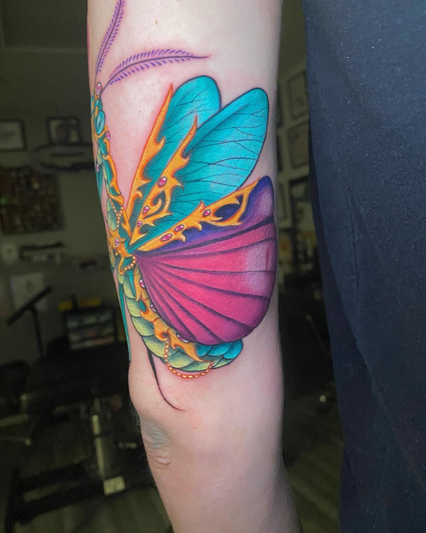 Butterfly new school tattoo on the forearm by Tattertot