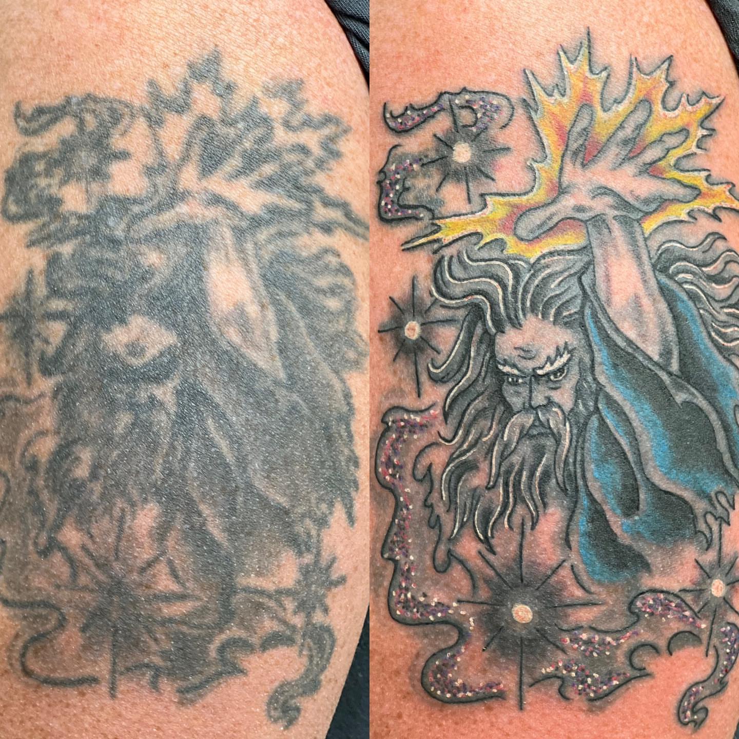 Wizard neo-traditional tattoo on the upper arm by Chris Allen Taylor