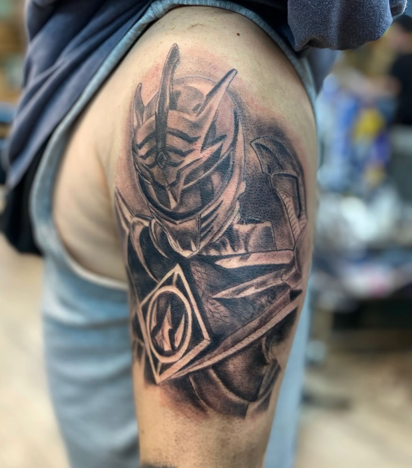 Transformer helmet realism tattoo on the shoulder by Nick Harrison, Dayton, Ohio