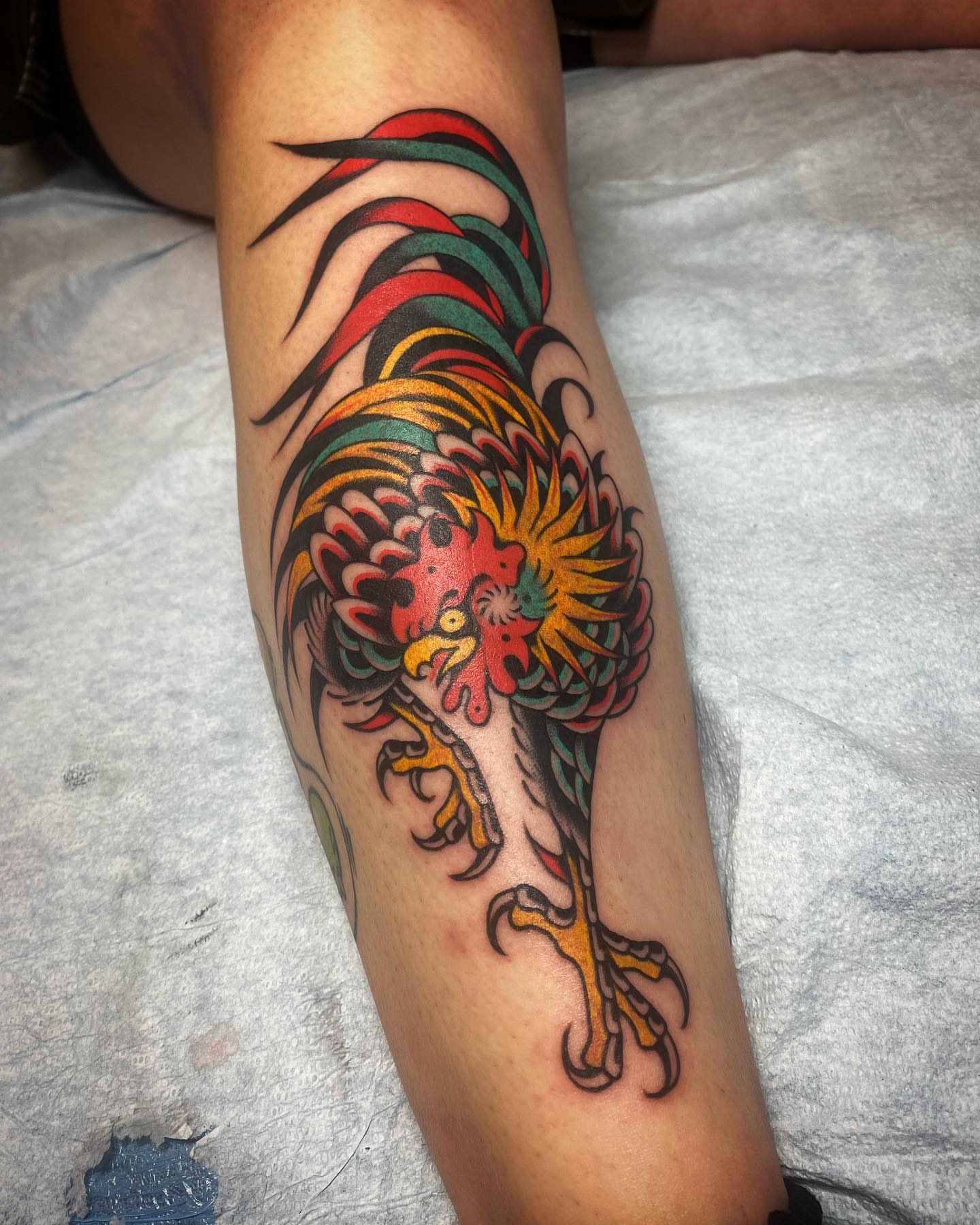Rooster American traditional tattoo on the forearm by Alan Pham, San Jose, California