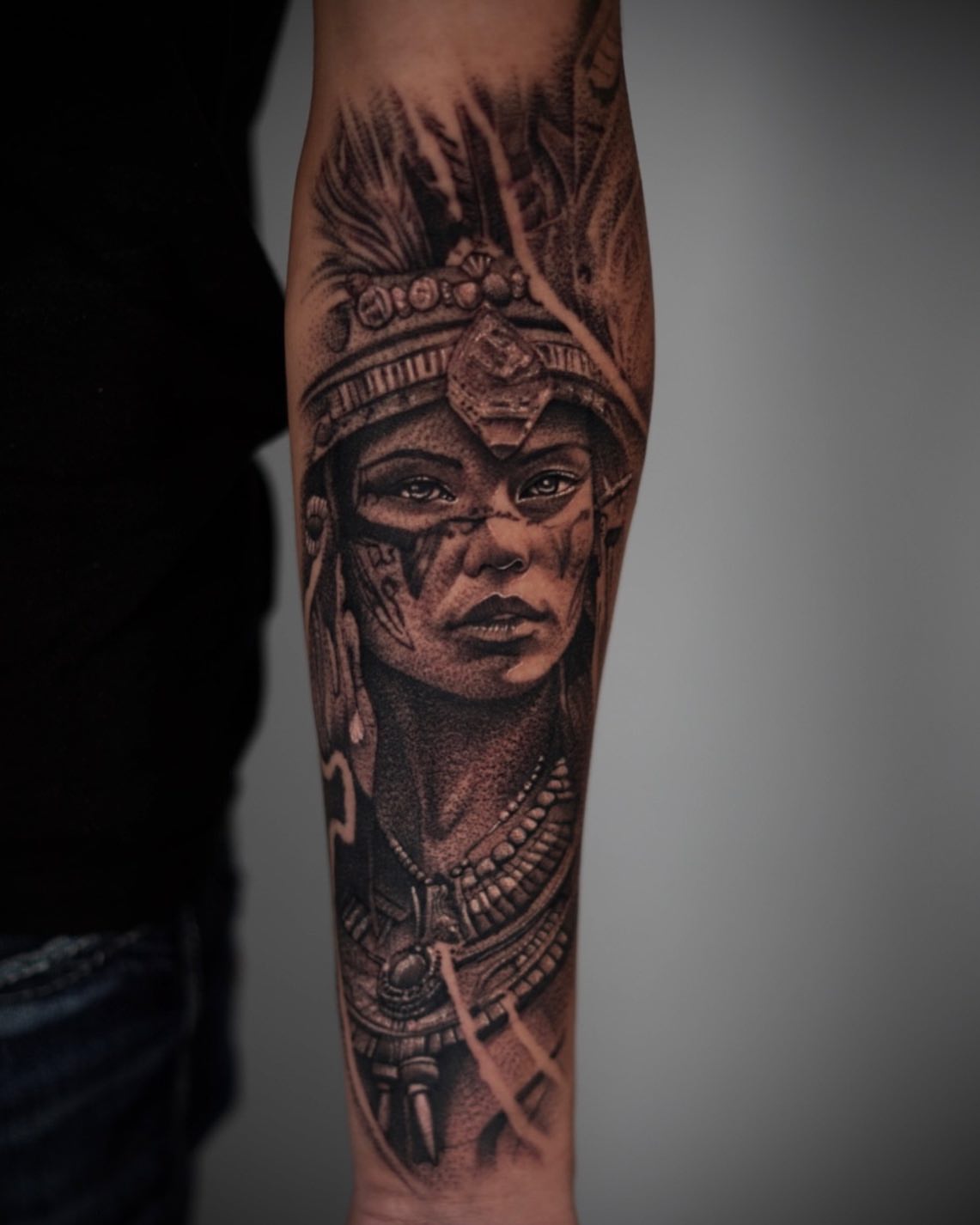Indigenous woman realism tattoo on the forearm by DREW ROMERO - Colorado Tattoo Artist, Pueblo, Colorado
