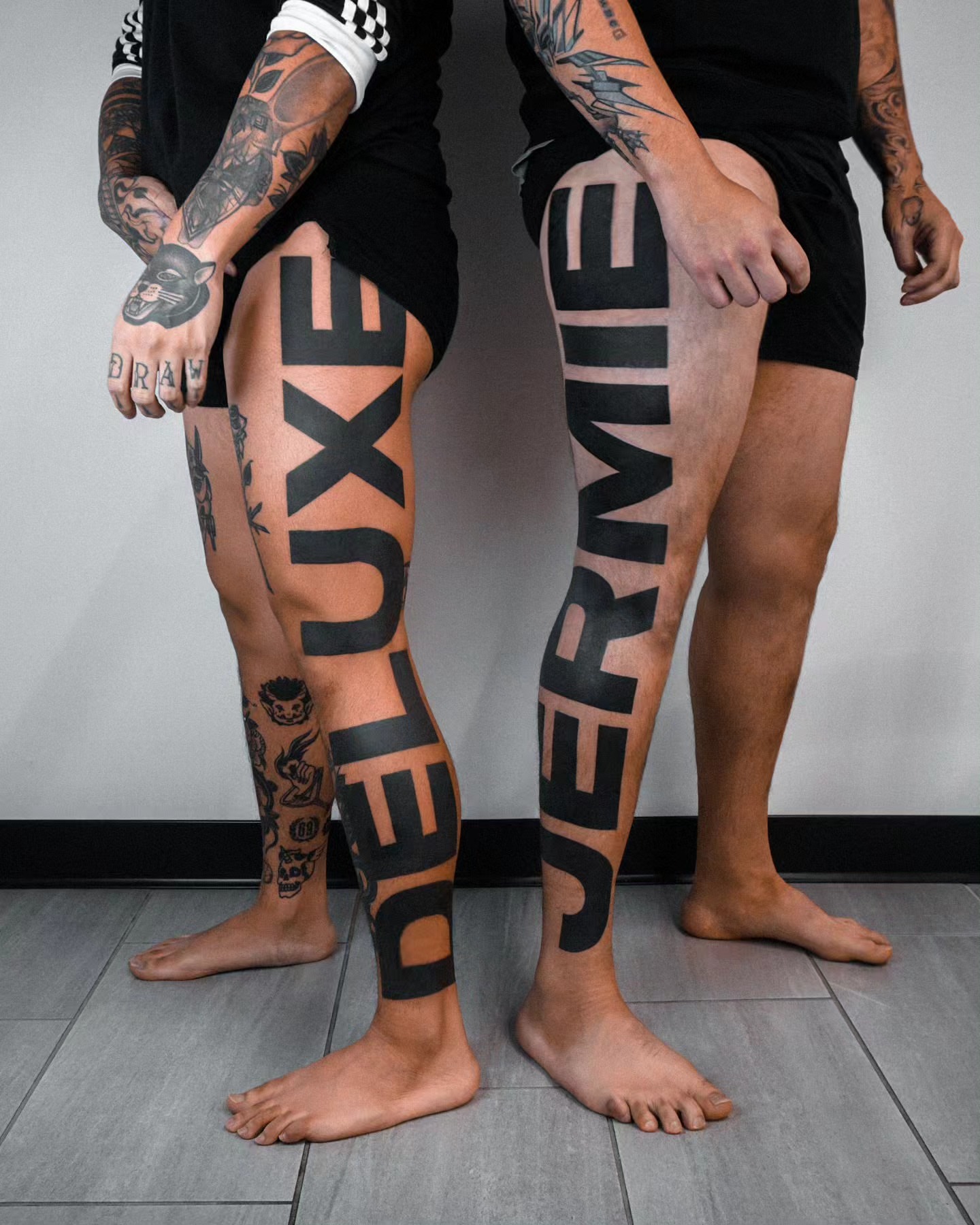 Name lettering script tattoo on the leg by Jeremy "Jerms" Camposanto