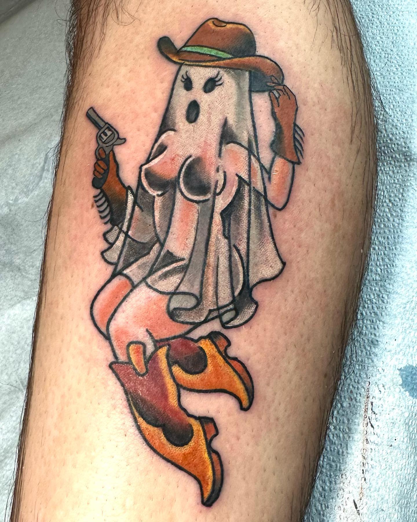 Cowboy ghost American traditional tattoo on the thigh by Culleton Paramore