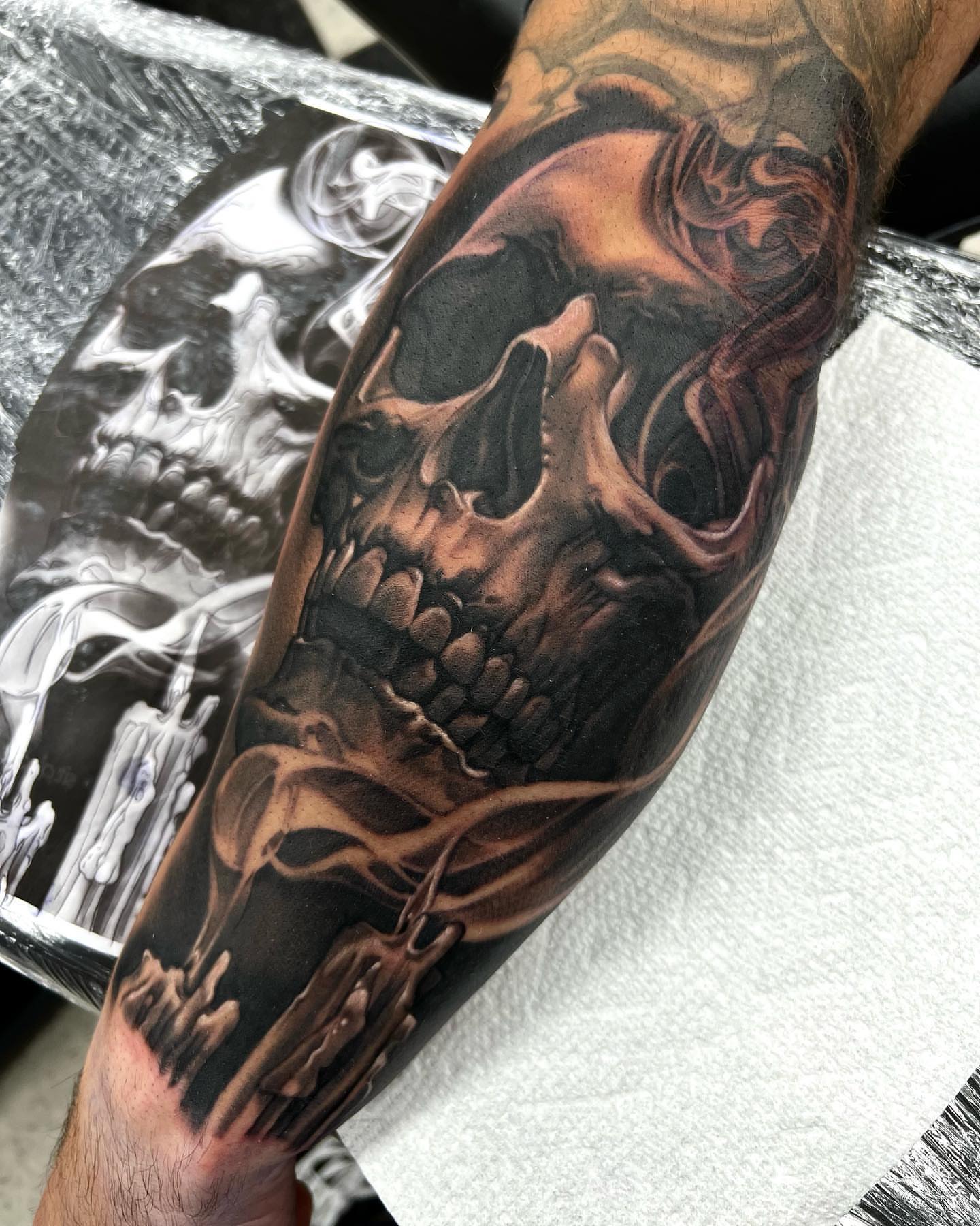 Skull dark realism tattoo on the forearm by ⚜️Felipe Parada⚜️
