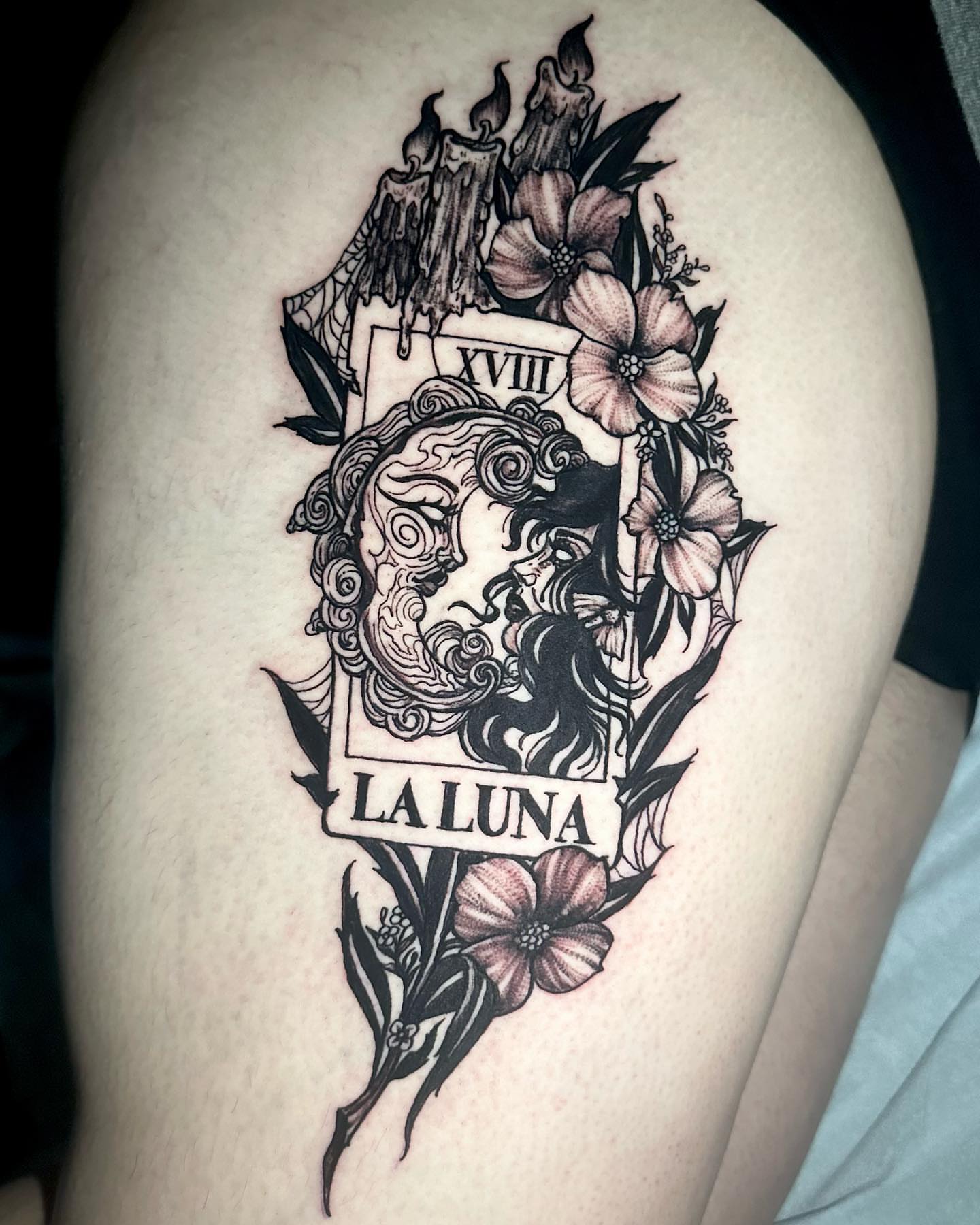 Tarot card black and grey tattoo on the thigh by Amber Joy (AJ)