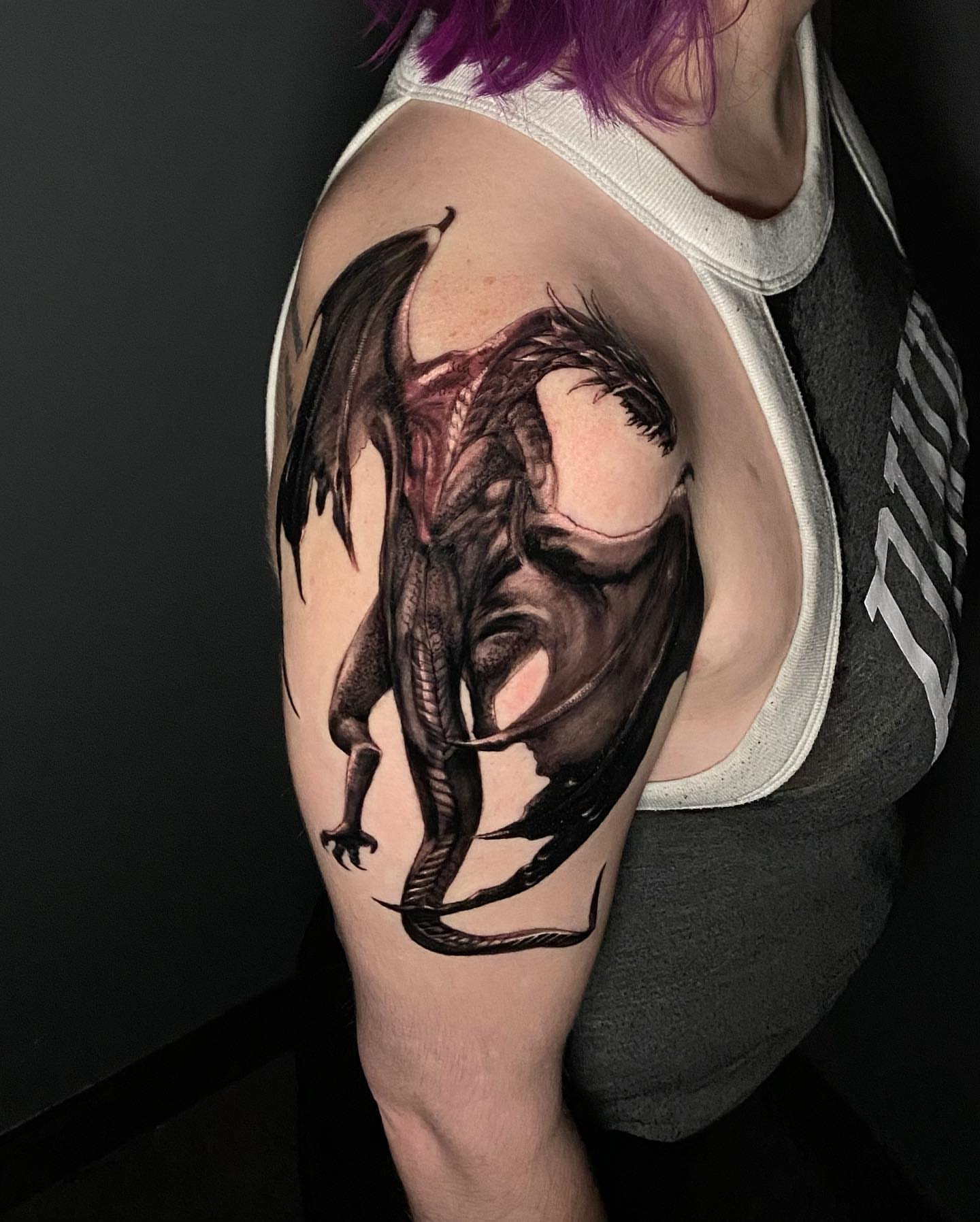Dragon realism tattoo on the shoulder by Lindsey Lane, Dallas, Texas