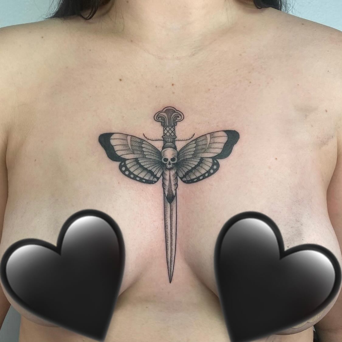 Butterfly with skull black and grey tattoo on the chest by 𝕤𝕒𝕣𝕒𝕙 𝕞𝕠𝕣𝕒𝕟📌, Dayton, Ohio