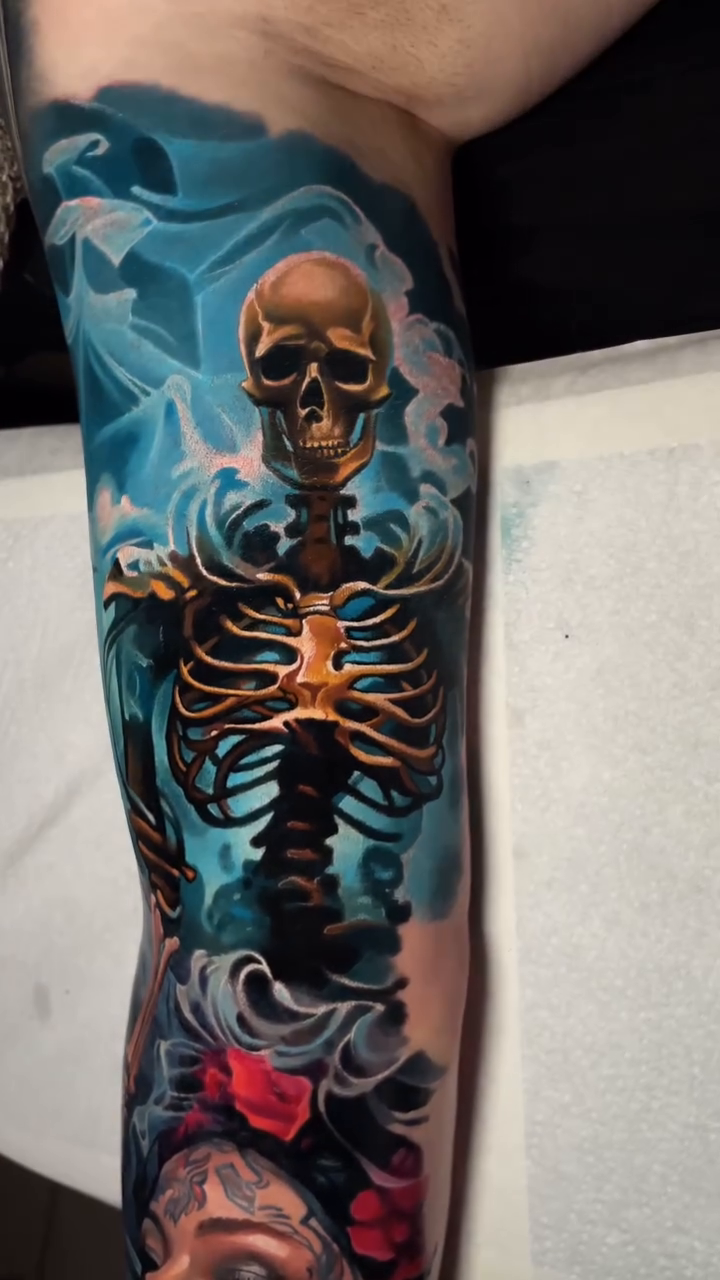 Skeleton and woman portrait realism tattoo by Dmitriy Paramonov πΊπ¦