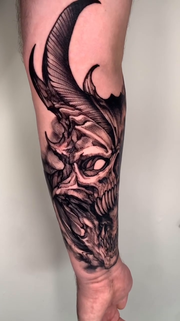 Demon skull dark realism tattoo by ⚔ Dylan Smith ⚔, Richmond, Virginia