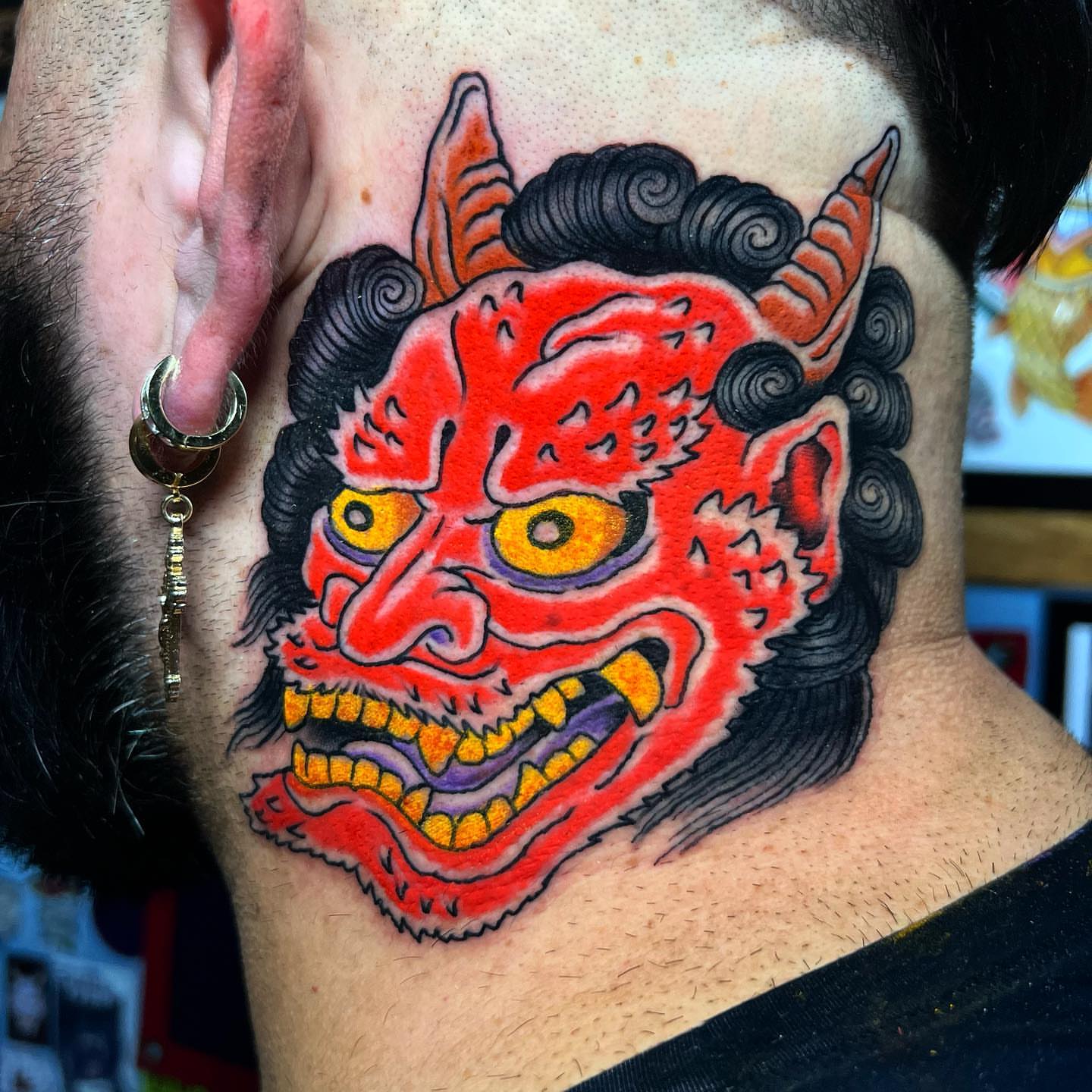 Demon mask japanese irezumi tattoo on the neck by Barron