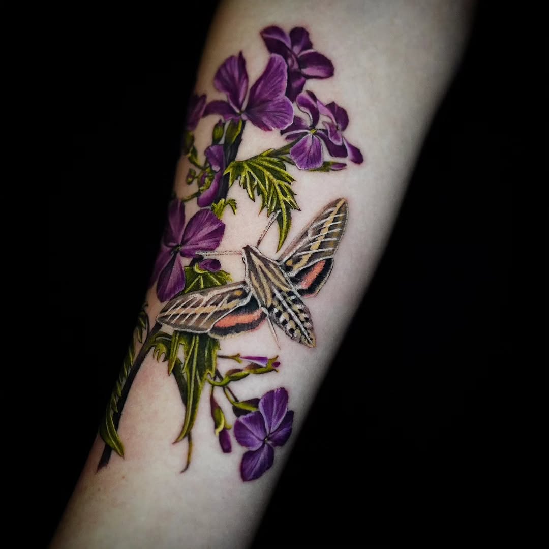 Moth and purple flowers fine line tattoo on the forearm by Shar - Utah Tattoo Artist