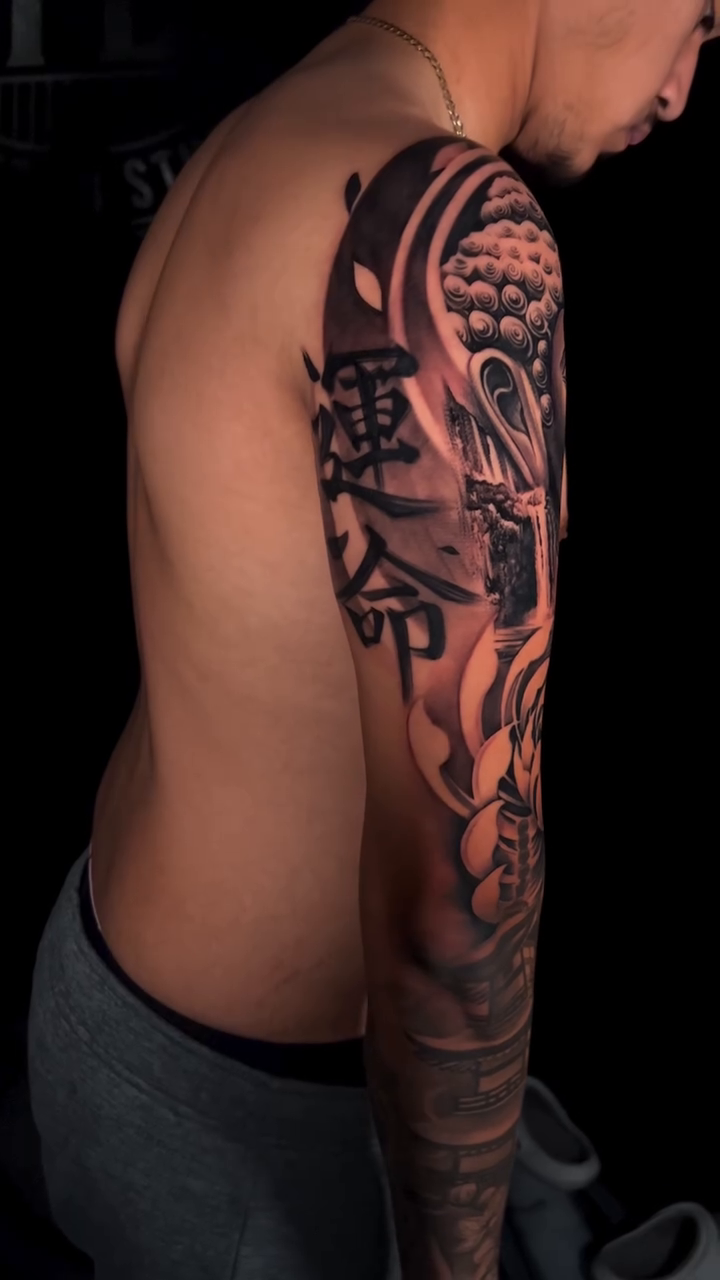Buddha and lotus sleeve realism tattoo by P.Lok
