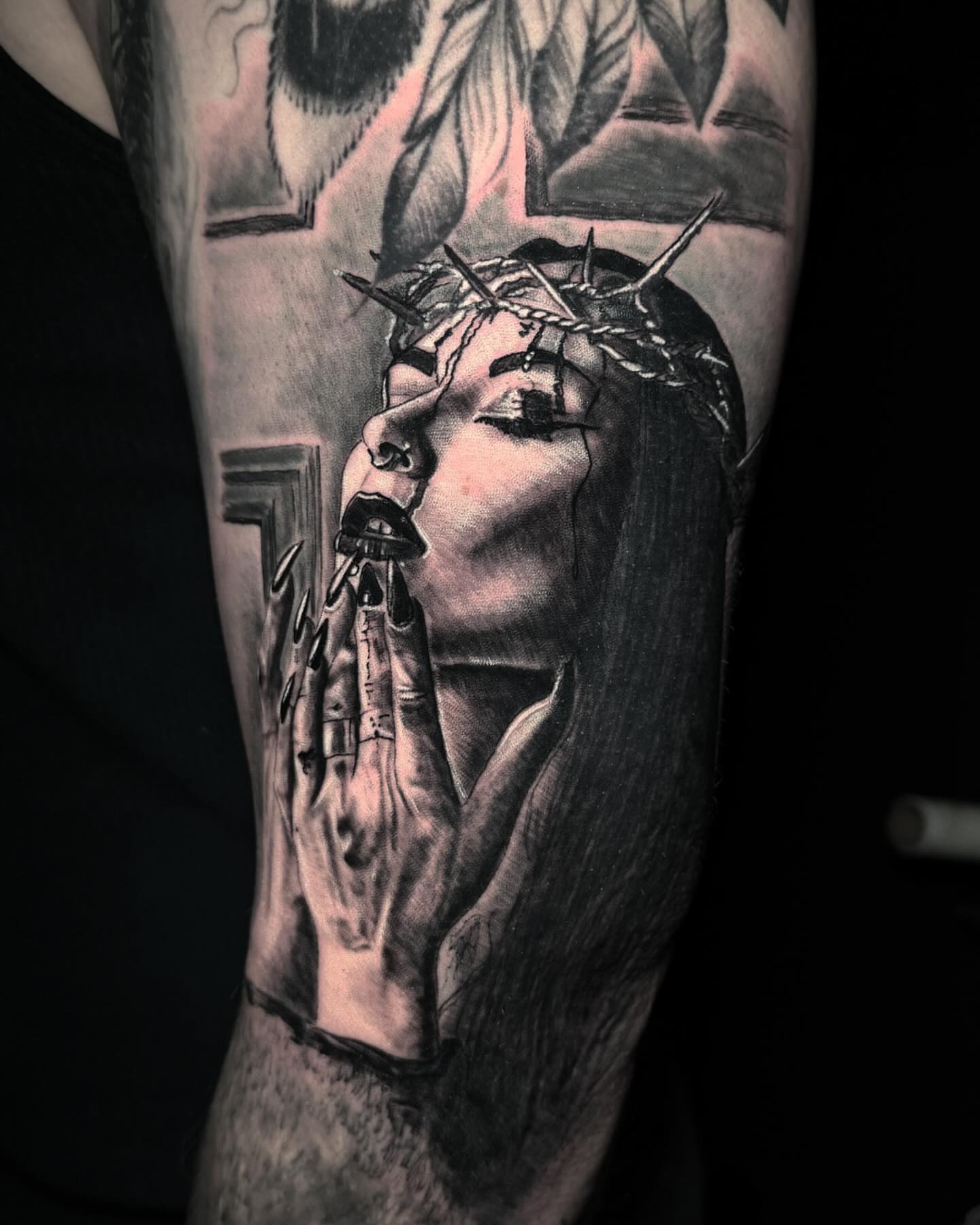 Praying woman realism tattoo on the forearm by Maverick Mayes🕷