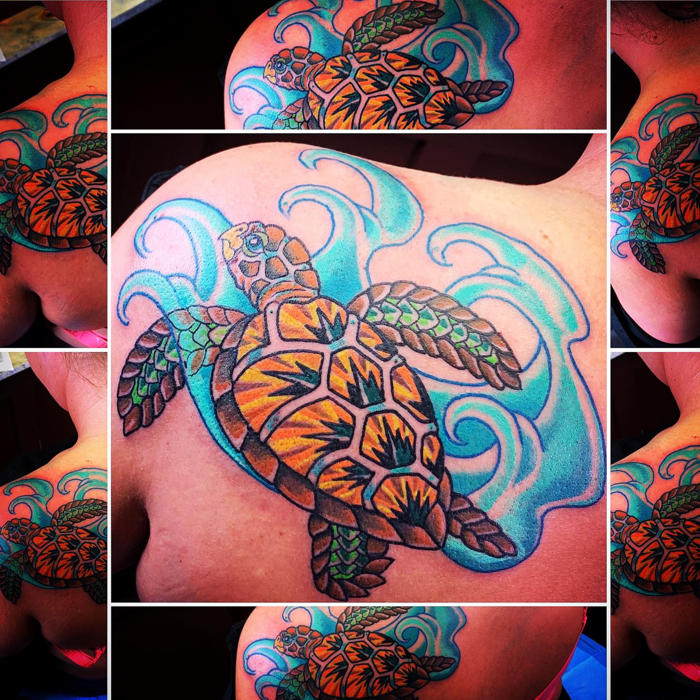 Sea turtle geometric tattoo on the shoulder by @colorrobbie