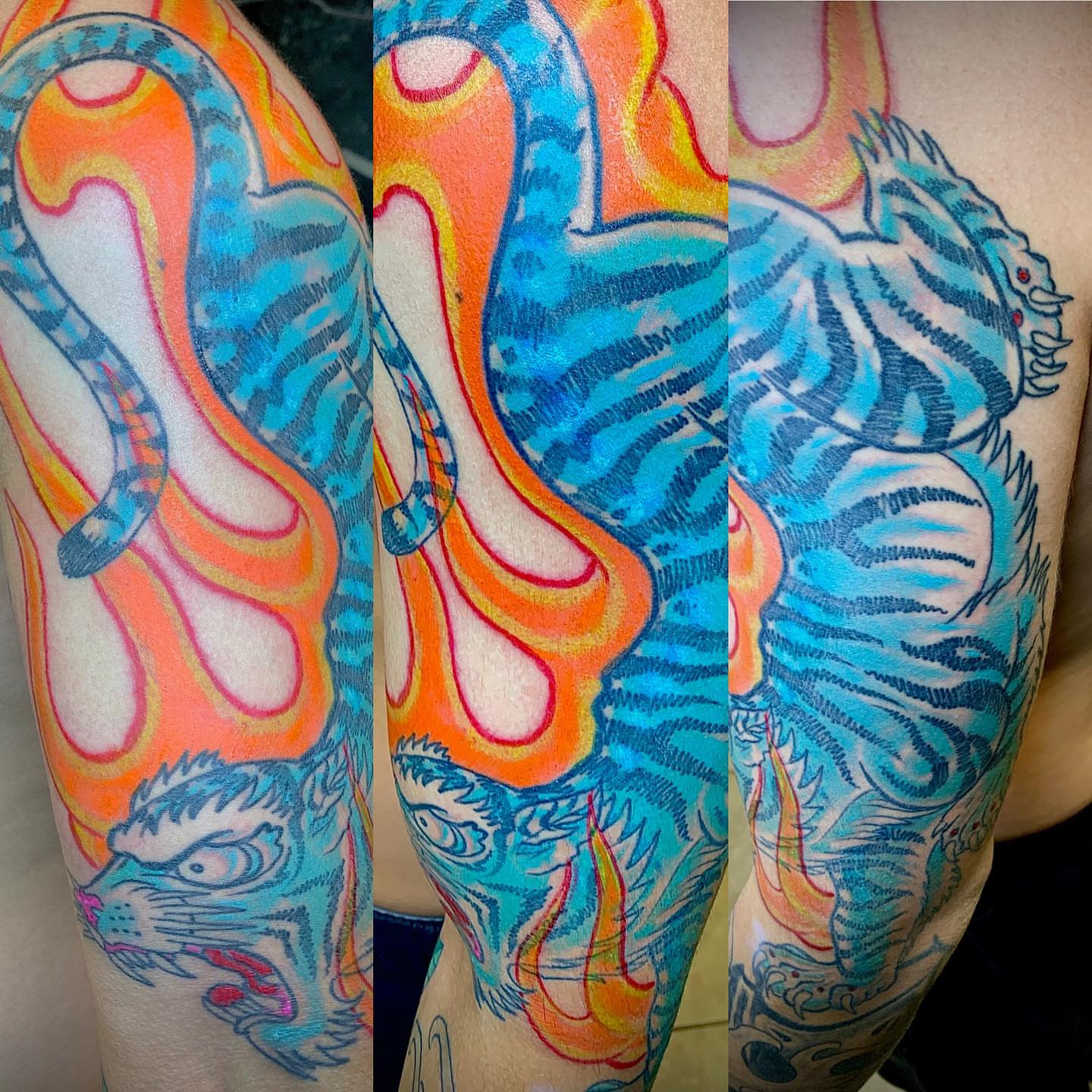 Tiger American traditional tattoo on the upper arm by @colorrobbie