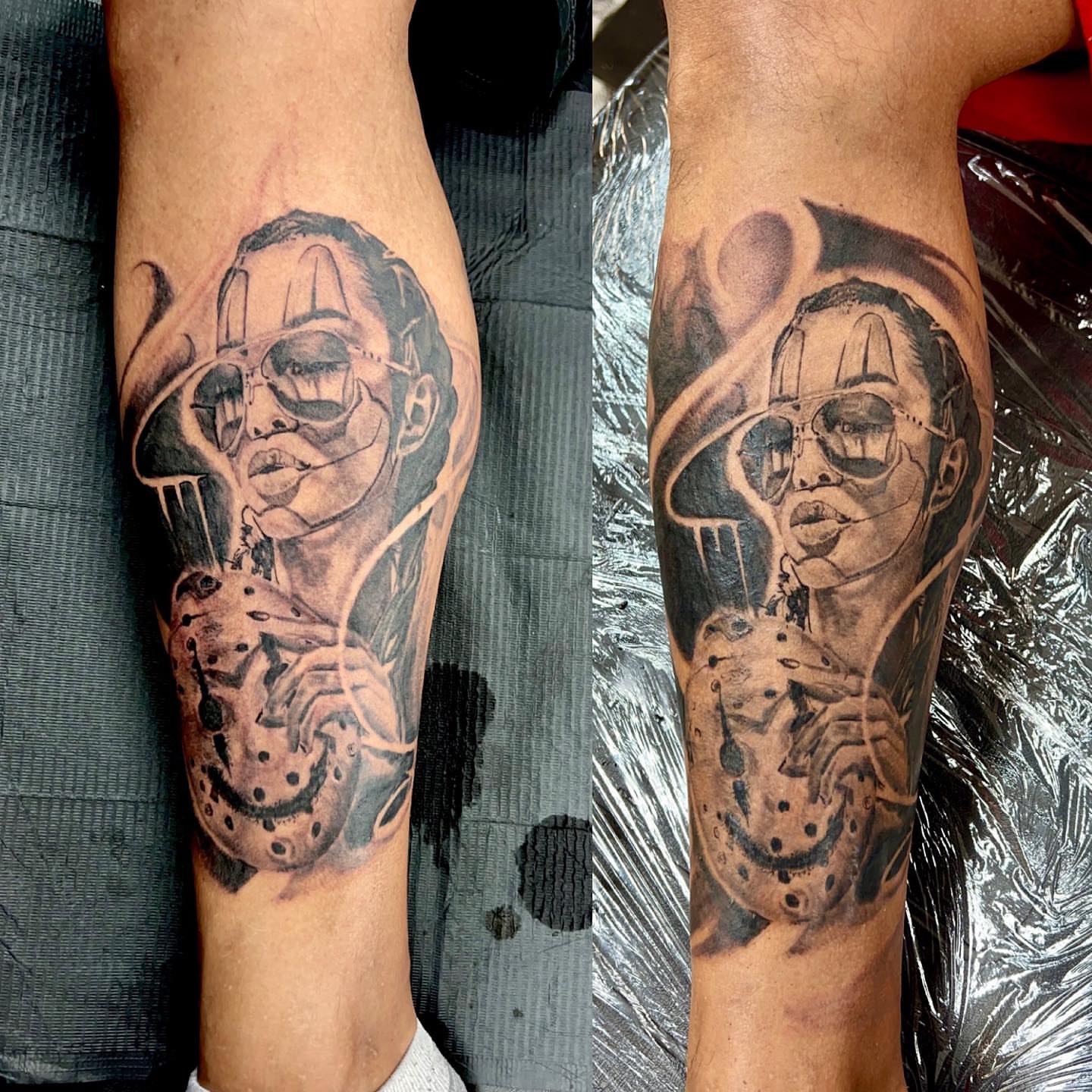 Woman wearing glasses realism tattoo on the forearm by Dre Ortiz