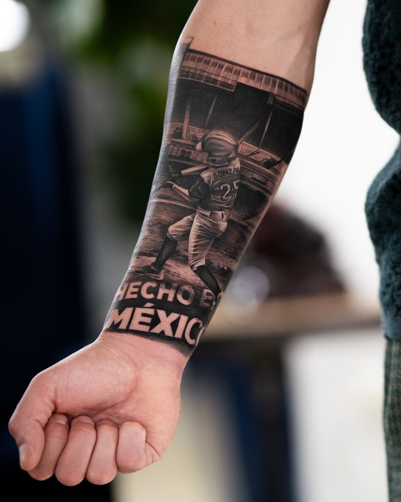 Baseball player realism tattoo on the forearm by Anthony Michaels, Tucson, Arizona