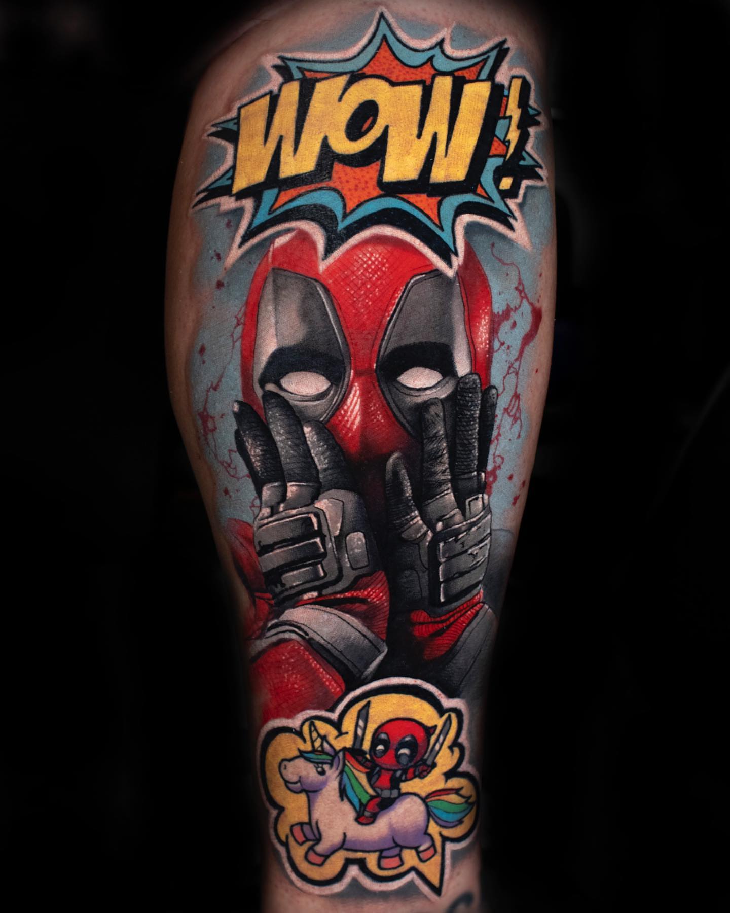 Deadpool new school tattoo on the forearm by Luke Benavidez