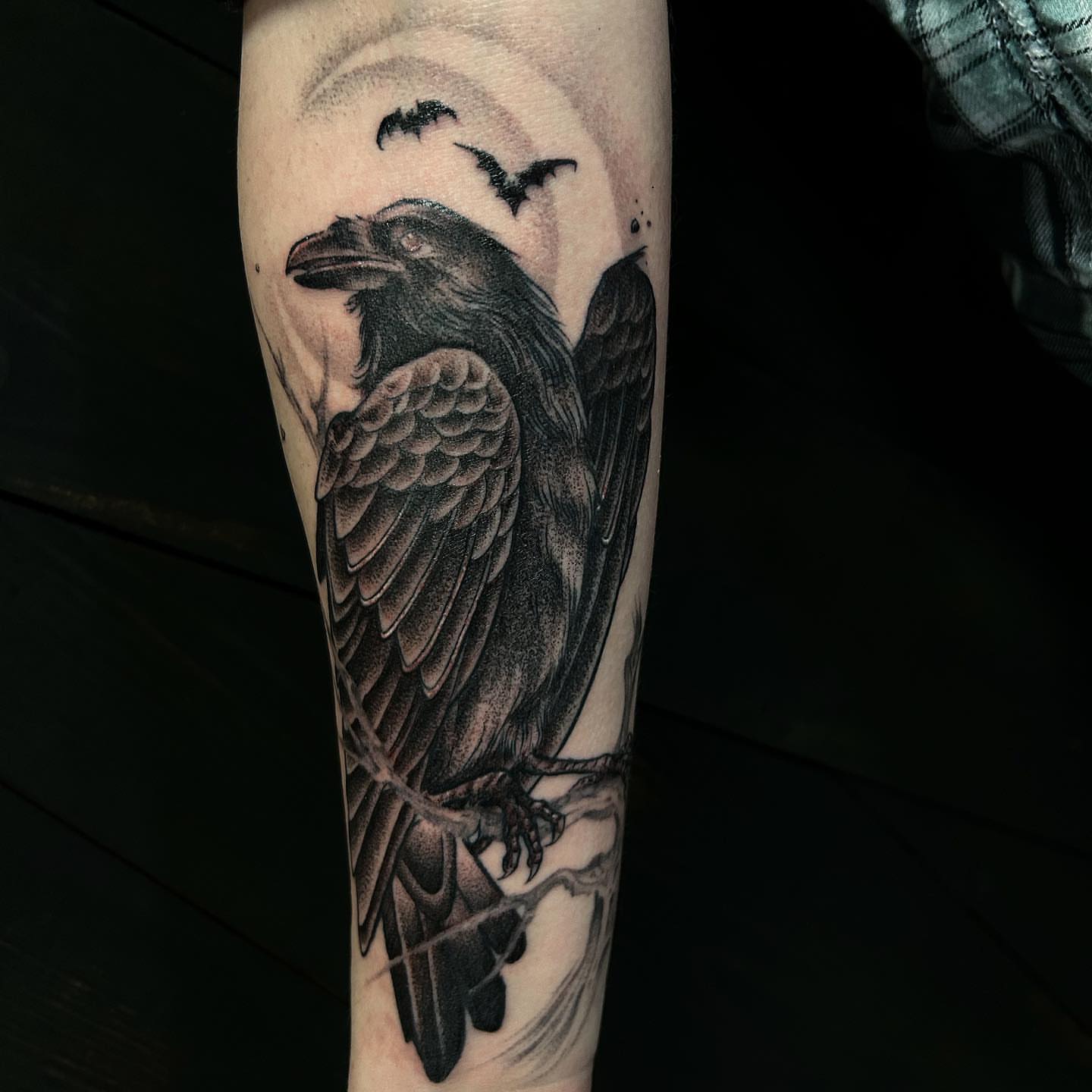 Crow realism tattoo on the forearm by ♡︎ Kaylie ♡︎, Tacoma, Washington