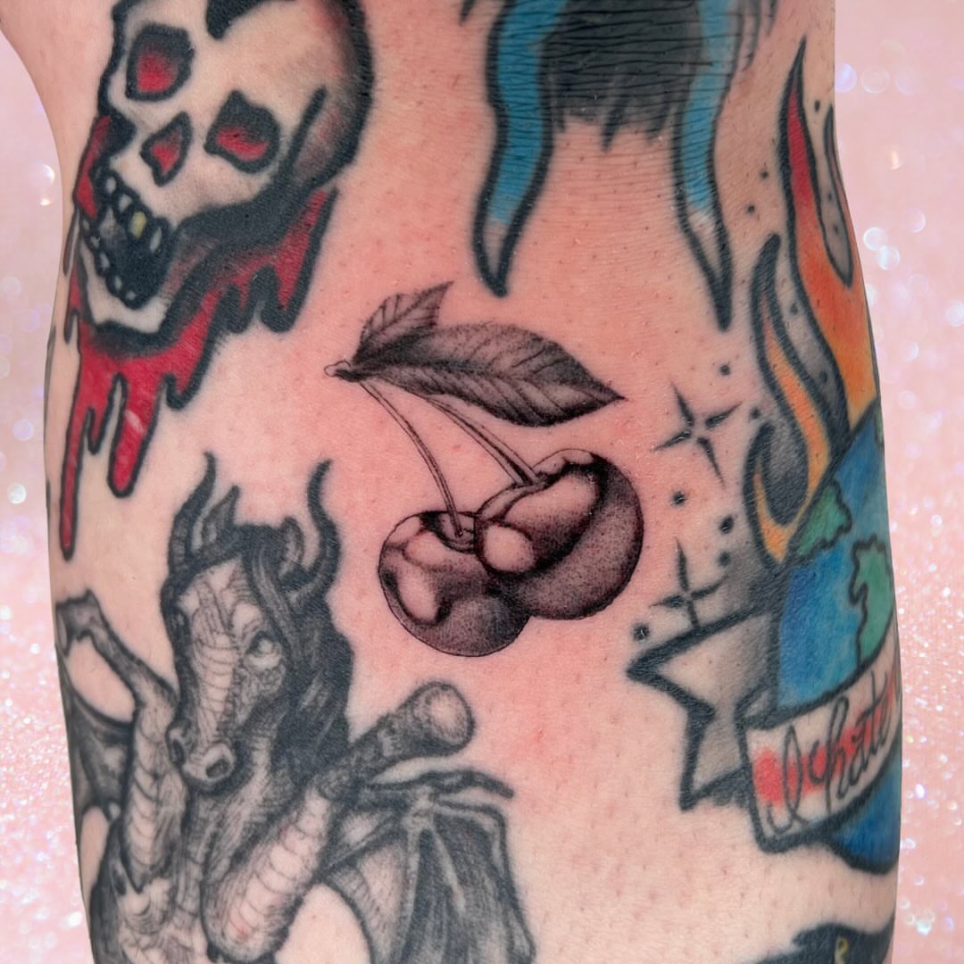 Cherries American traditional tattoo on the forearm by ⊹ ࣪ ₊✩‧₊˚ 𝖘 𝖙 𝖊 𝖕 𝖍 𝖆 𝖓 𝖎 𝖊 ˚₊‧✩₊ ࣪ ⊹