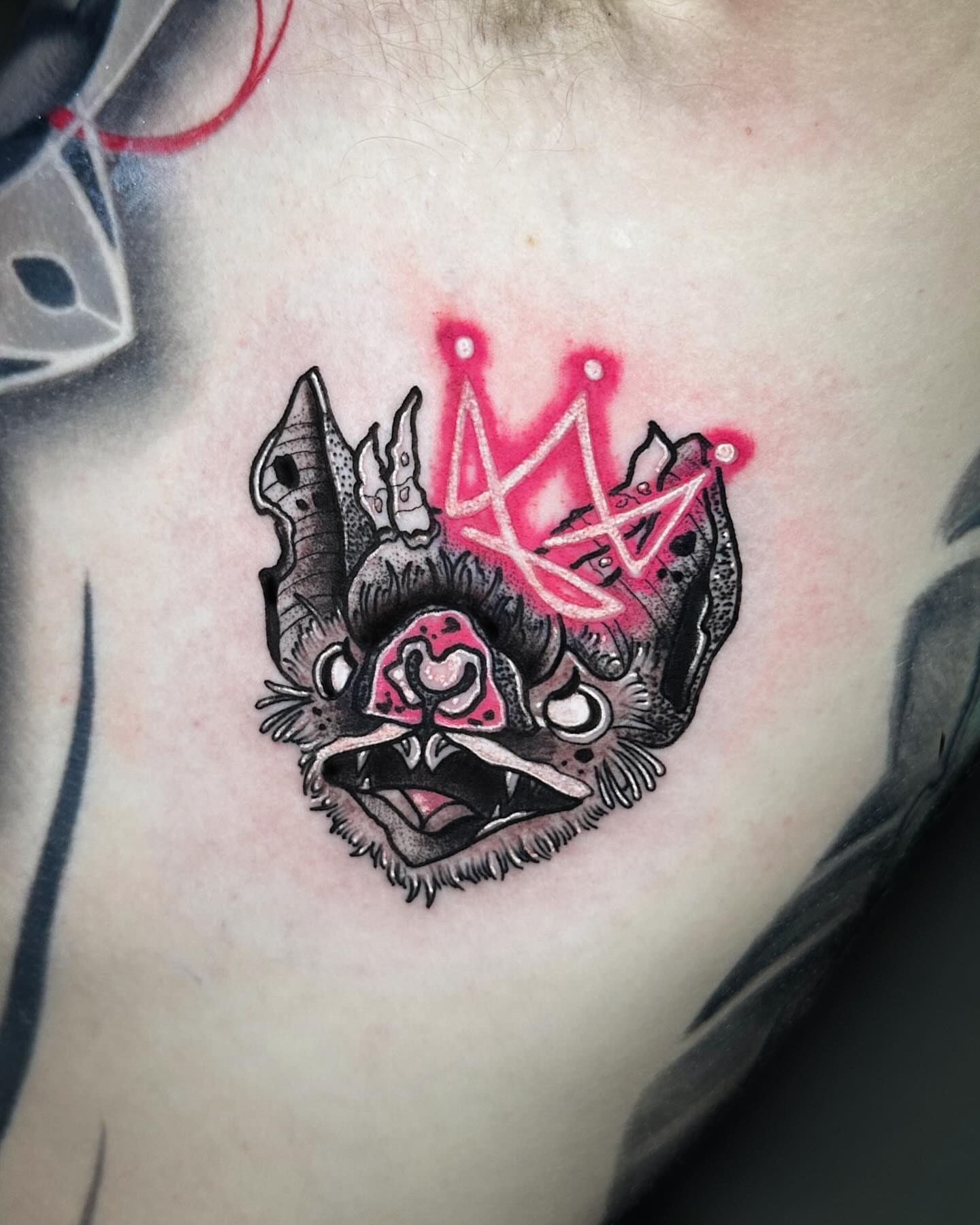 Bat American traditional tattoo on the chest by Naysla Droguett