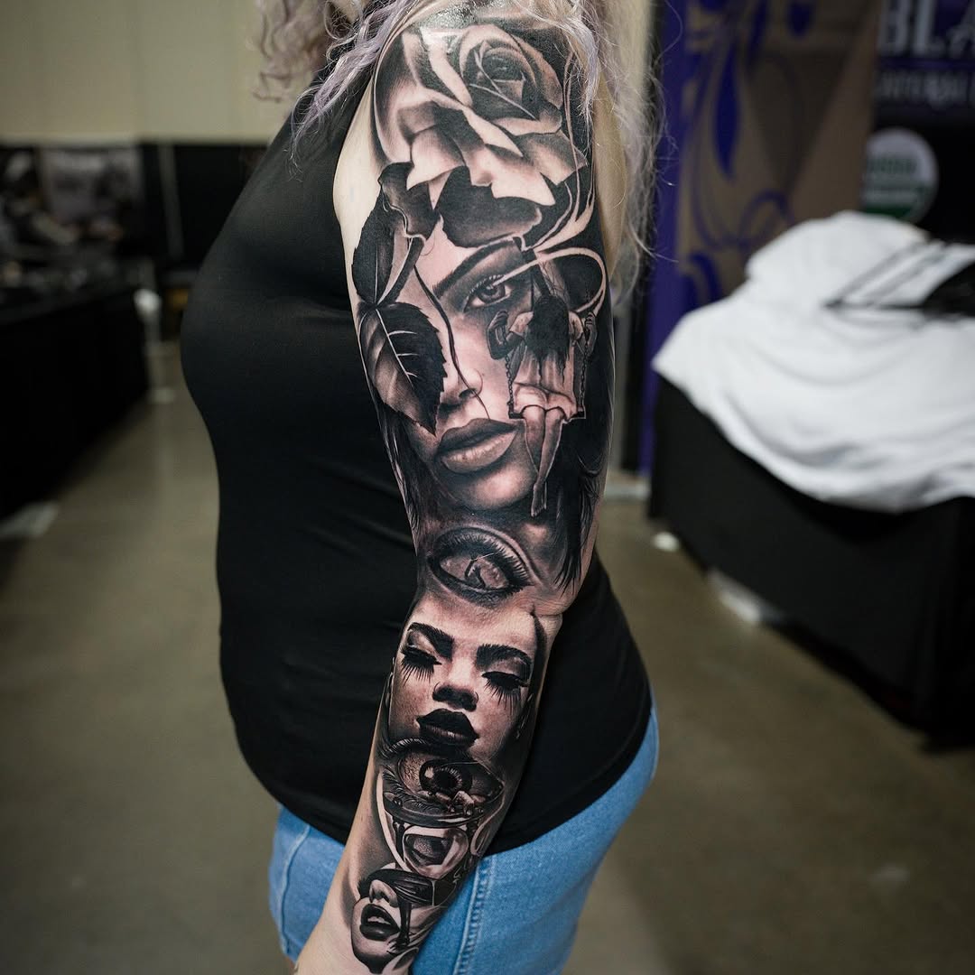 Surreal portrait sleeve realism tattoo on the forearm by Erick Satchell II