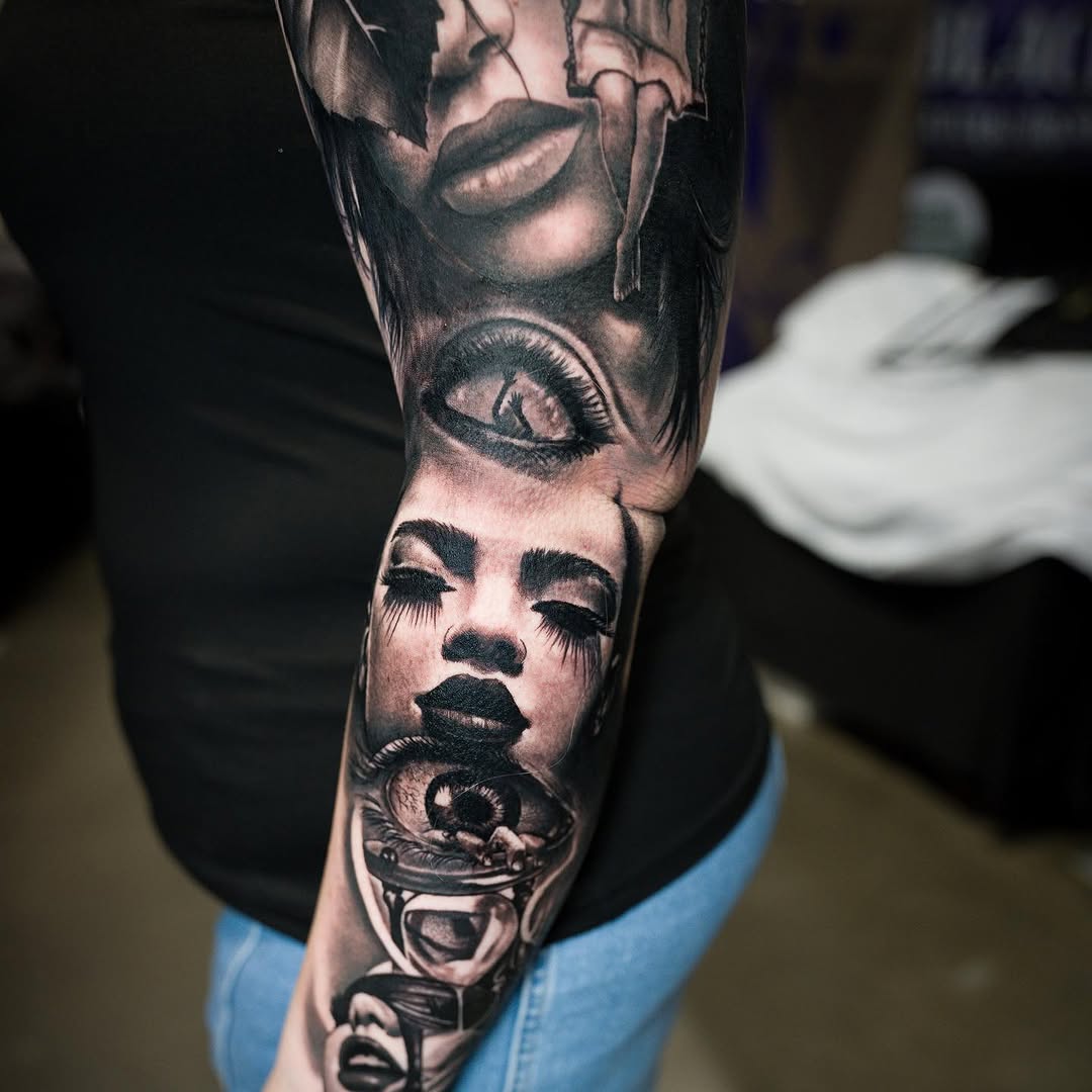 Surreal portrait sleeve realism tattoo on the forearm by Erick Satchell II