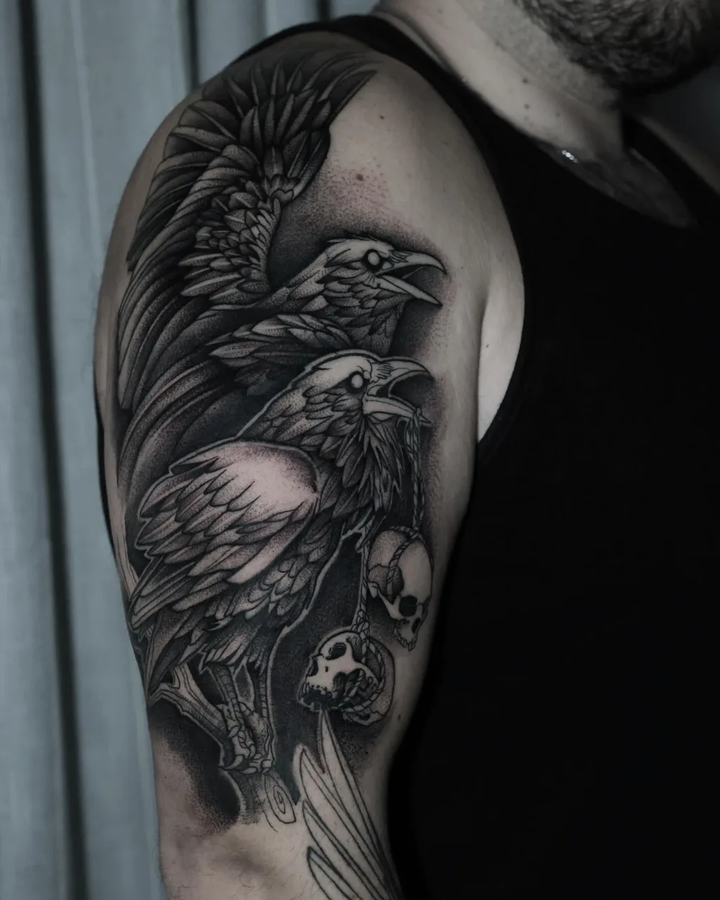 Ravens and skulls realism tattoo on the shoulder by David Mushaney